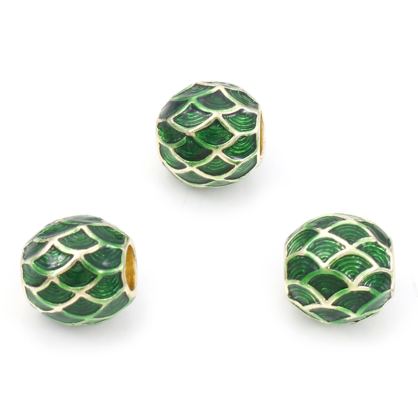 Picture of Zinc Based Alloy European Style Large Hole Charm Beads Gold Plated Barrel Fish Scale Enamel 10mm x 10mm, Hole: Approx 4mm, 5 PCs