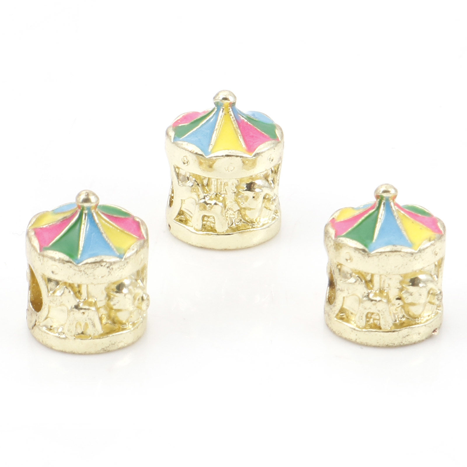 Picture of Zinc Based Alloy European Style Large Hole Charm Beads Gold Plated Merry-go-round/ Carousel Enamel 13mm x 10.5mm, Hole: Approx 4.2mm, 5 PCs
