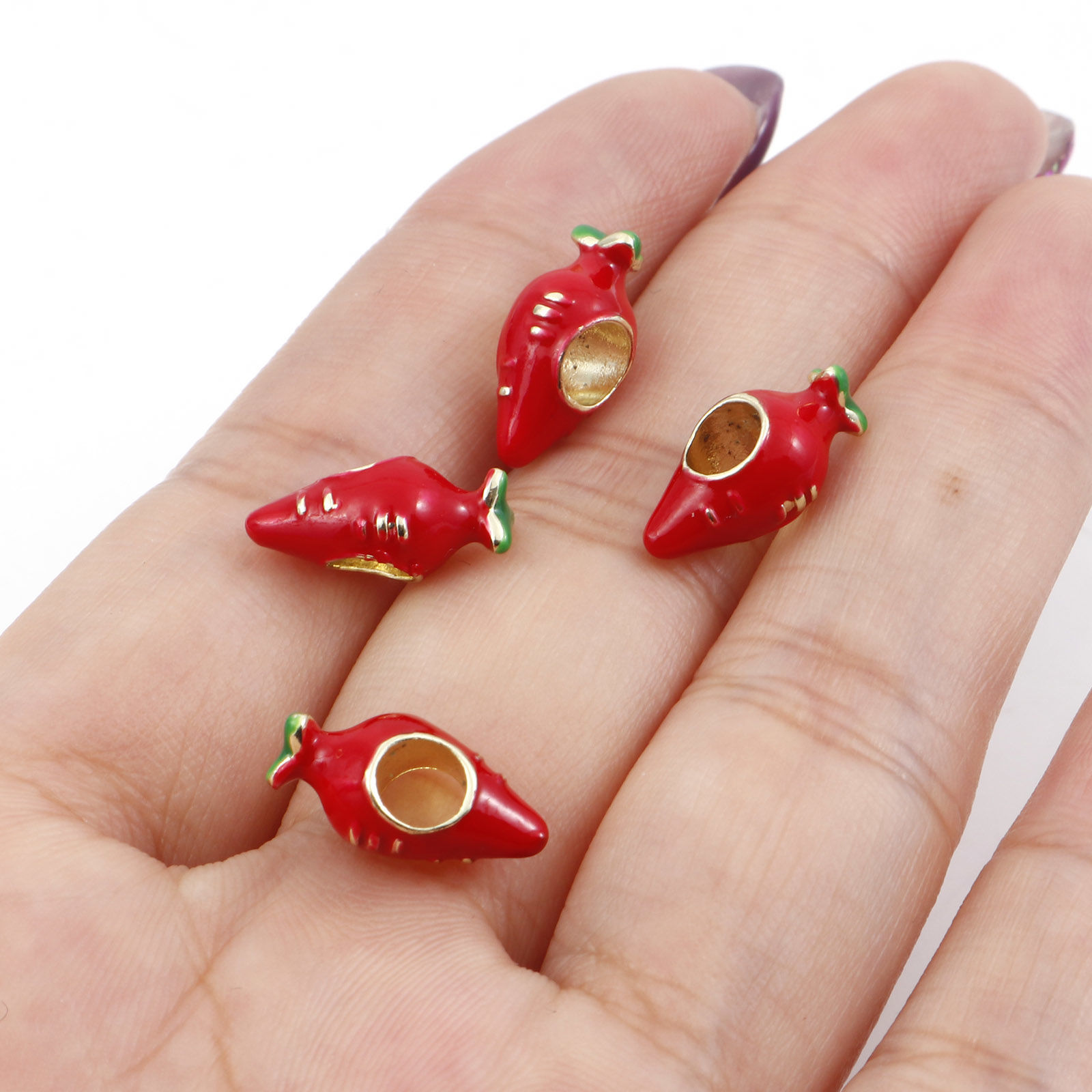 Picture of Zinc Based Alloy 3D European Style Large Hole Charm Beads Red Radish Enamel 14mm x 7mm, Hole: Approx 4mm, 5 PCs