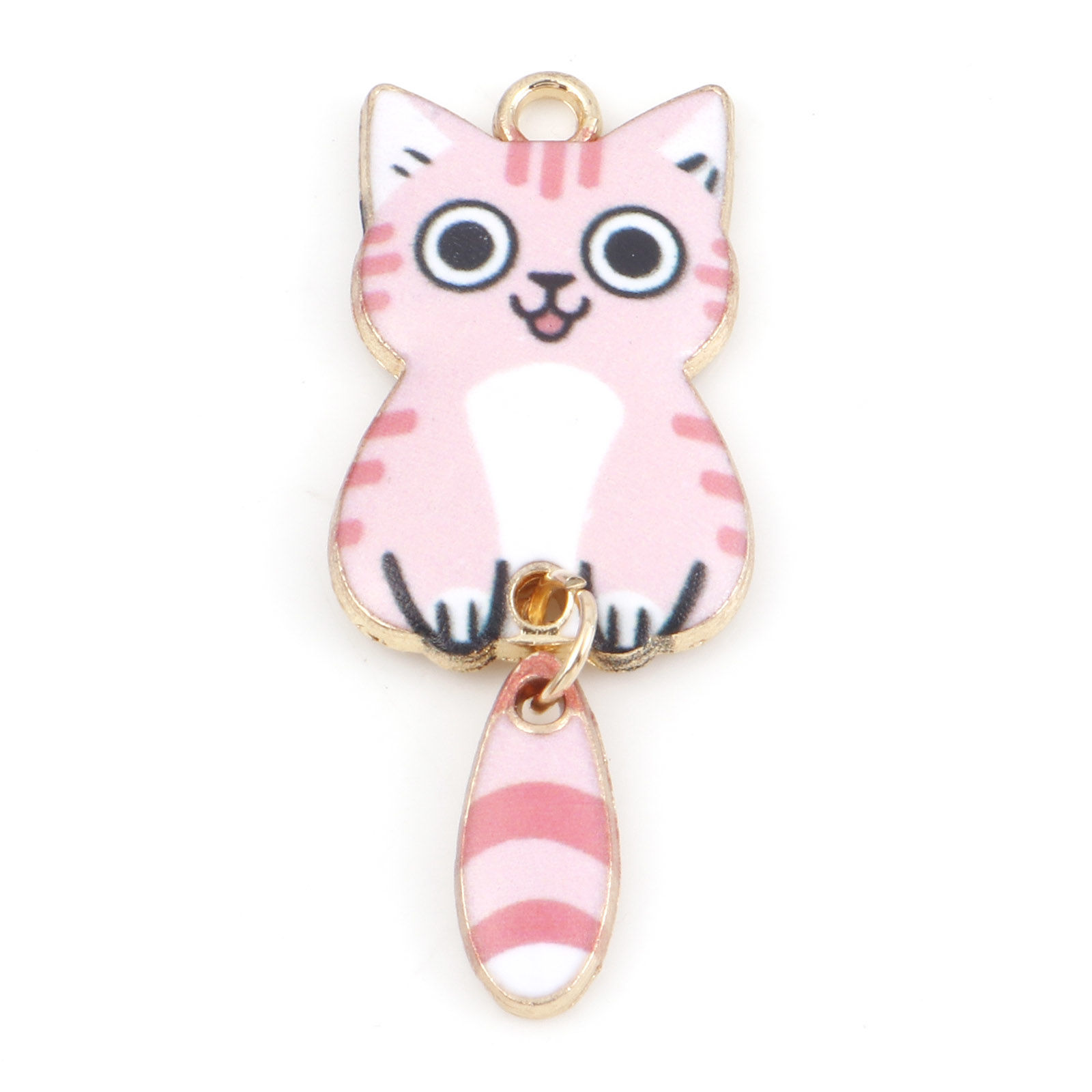 Picture of Zinc Based Alloy Pendants Gold Plated Pink Cat Animal Animal Enamel 3.9cm x 1.6cm, 10 PCs
