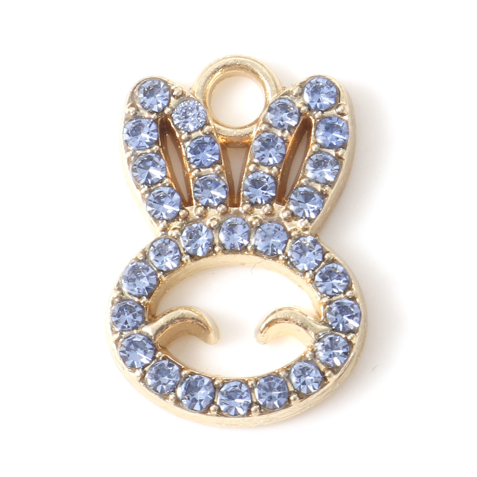 Picture of Zinc Based Alloy Easter Day Charms Gold Plated Rabbit Animal Blue Rhinestone 17mm x 12mm, 10 PCs