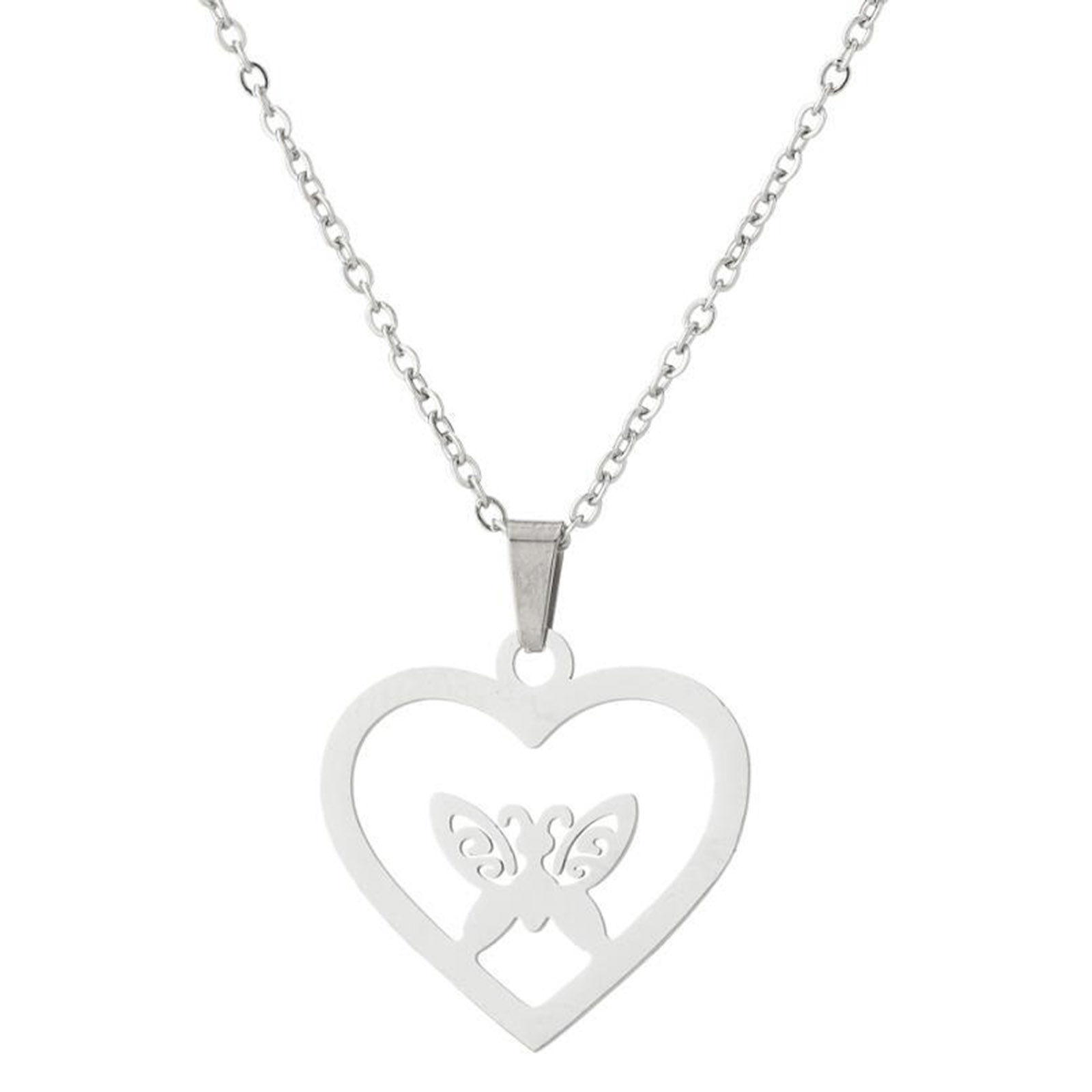 Picture of 304 Stainless Steel Insect Link Cable Chain Necklace Silver Tone Heart Butterfly 45cm(17 6/8") long, 1 Piece