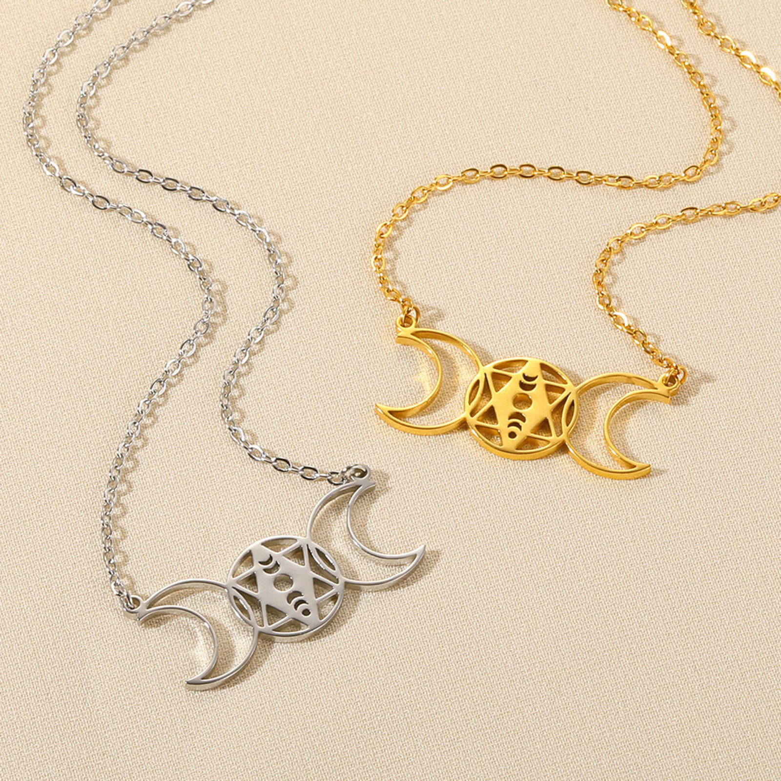 Picture of 304 Stainless Steel Stylish Link Cable Chain Necklace Silver Tone Half Moon Star Of David Hexagram 45cm(17 6/8") long, 1 Piece