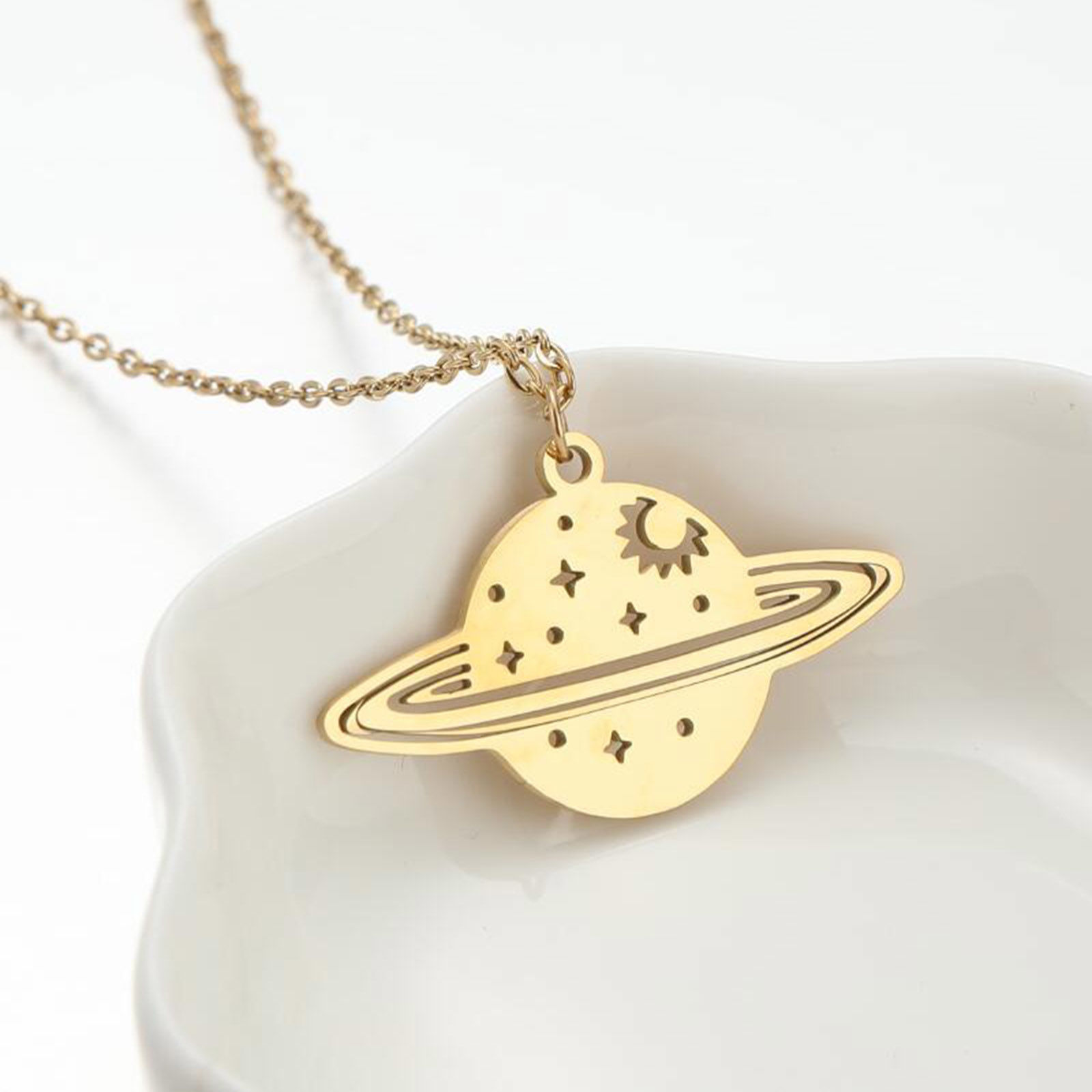 Picture of 304 Stainless Steel Stylish Link Cable Chain Necklace 18K Gold Color Planet Saturn 45cm(17 6/8") long, 1 Piece