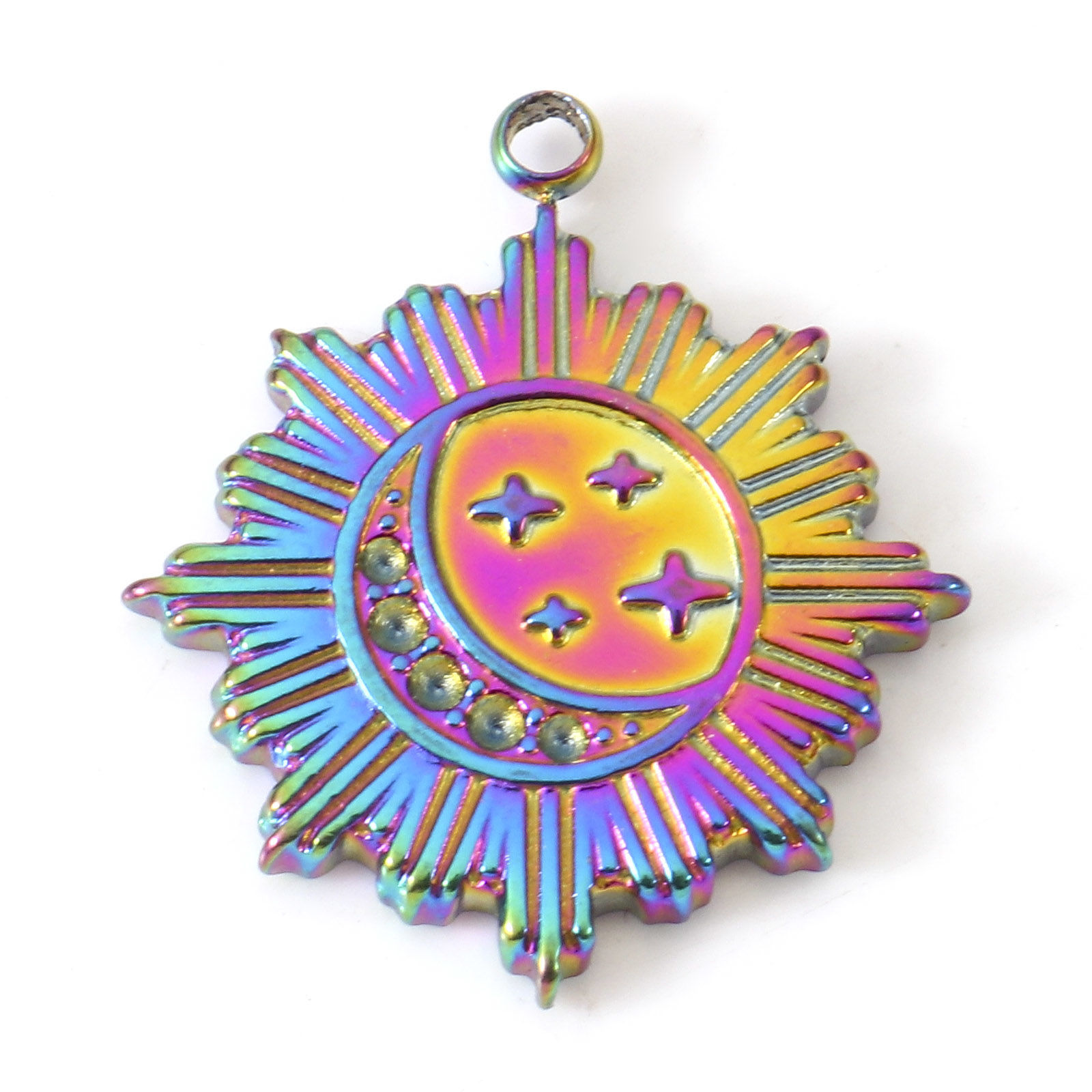 Picture of Eco-friendly Vacuum Plating 304 Stainless Steel Galaxy Charms Rainbow Color Plated Round Sun & Moon (Can Hold ss1 0.8mm Pointed Back Rhinestone) 20.5mm x 18mm, 2 PCs