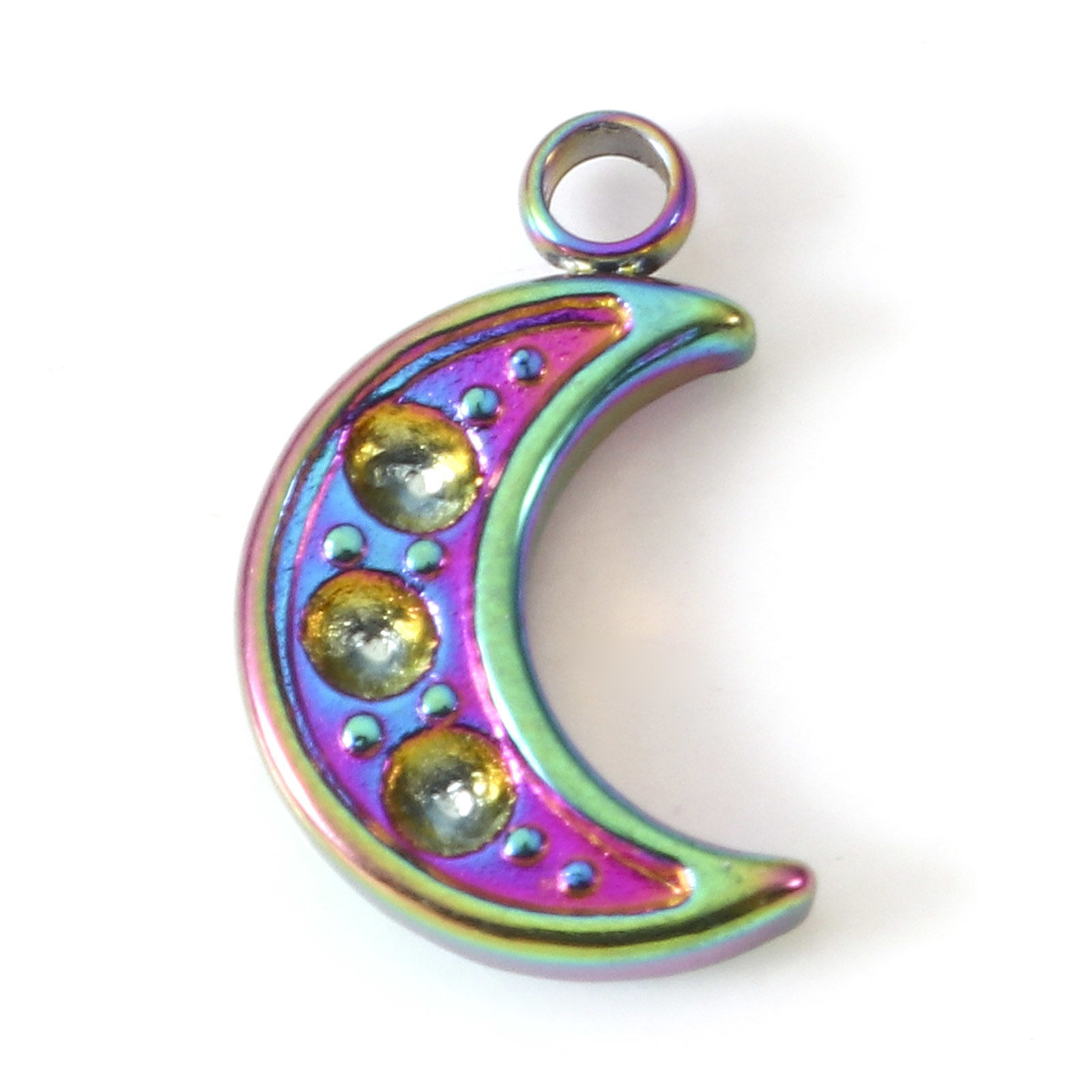 Picture of Eco-friendly Vacuum Plating 304 Stainless Steel Galaxy Charms Rainbow Color Plated Half Moon (Can Hold ss4 Pointed Back Rhinestone) 12mm x 7mm, 2 PCs