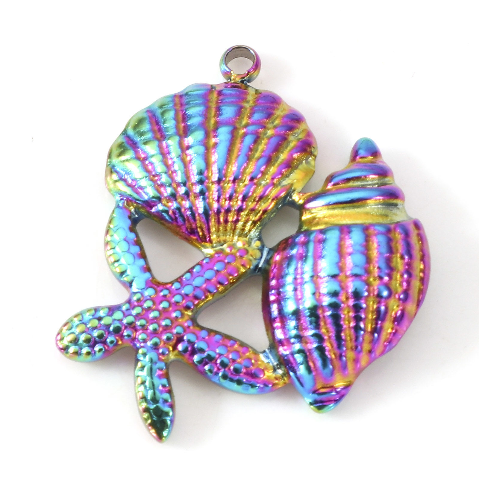 Picture of Eco-friendly Vacuum Plating 304 Stainless Steel Ocean Jewelry Charms Rainbow Color Plated Star Fish Conch Sea Snail 24mm x 19mm, 2 PCs