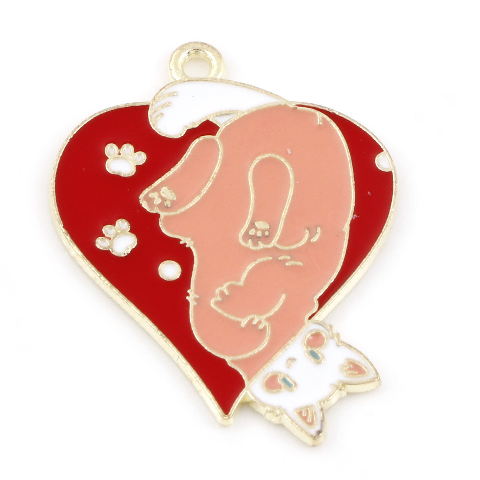 Picture of Zinc Based Alloy Poker/ Paper Card/ Game Card Pendants Gold Plated White & Red Cat Animal Heart Enamel 3.4cm x 2.6cm, 5 PCs