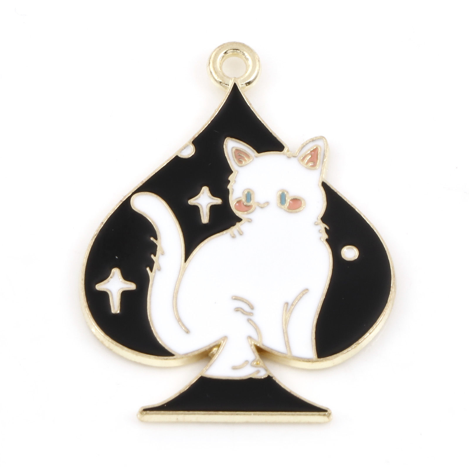 Picture of Zinc Based Alloy Poker/ Paper Card/ Game Card Pendants Gold Plated Black & White Cat Animal Sapdes Enamel 3.4cm x 2.5cm, 5 PCs