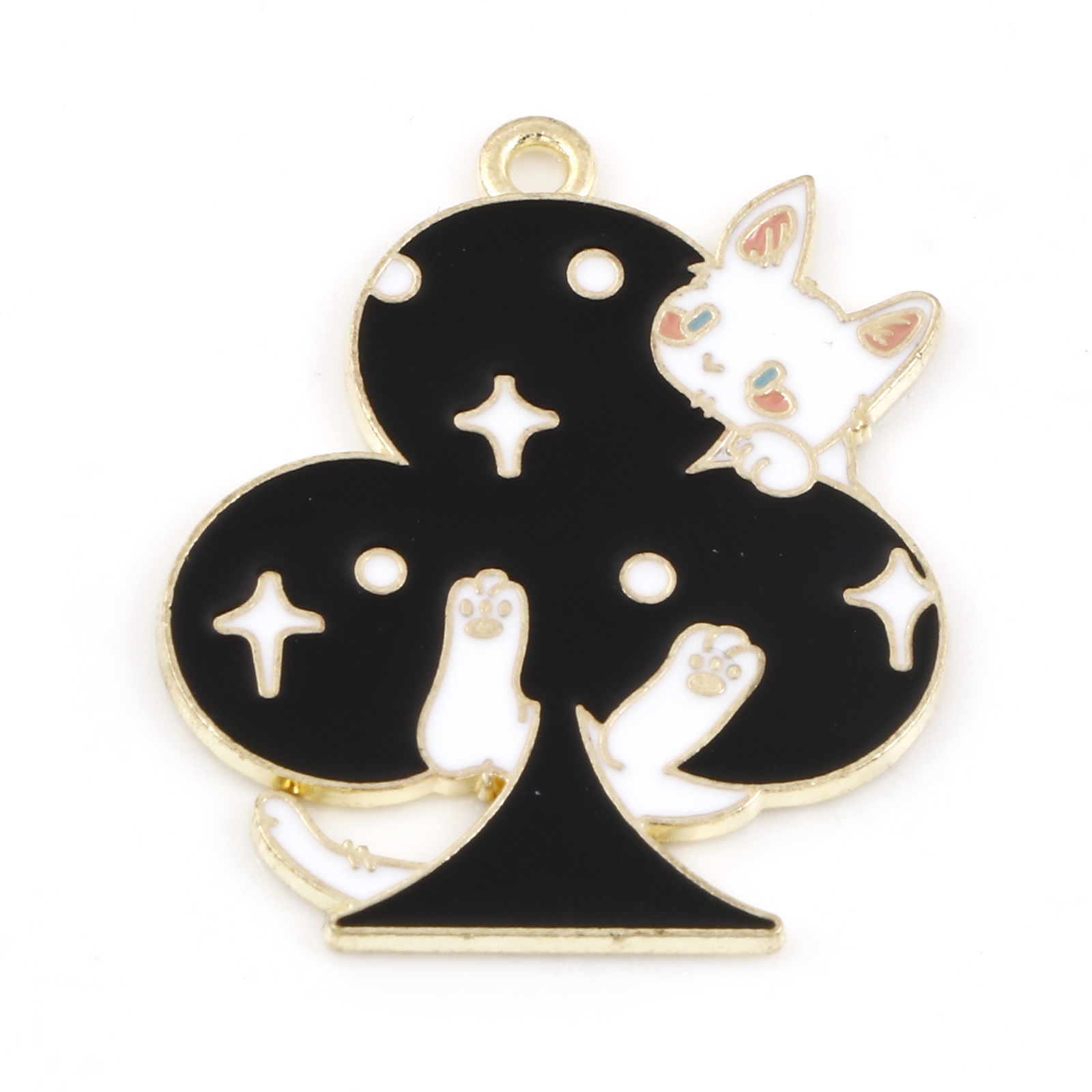Picture of Zinc Based Alloy Poker/ Paper Card/ Game Card Pendants Gold Plated Black & White Cat Animal Clubs Enamel 3.3cm x 2.8cm, 5 PCs