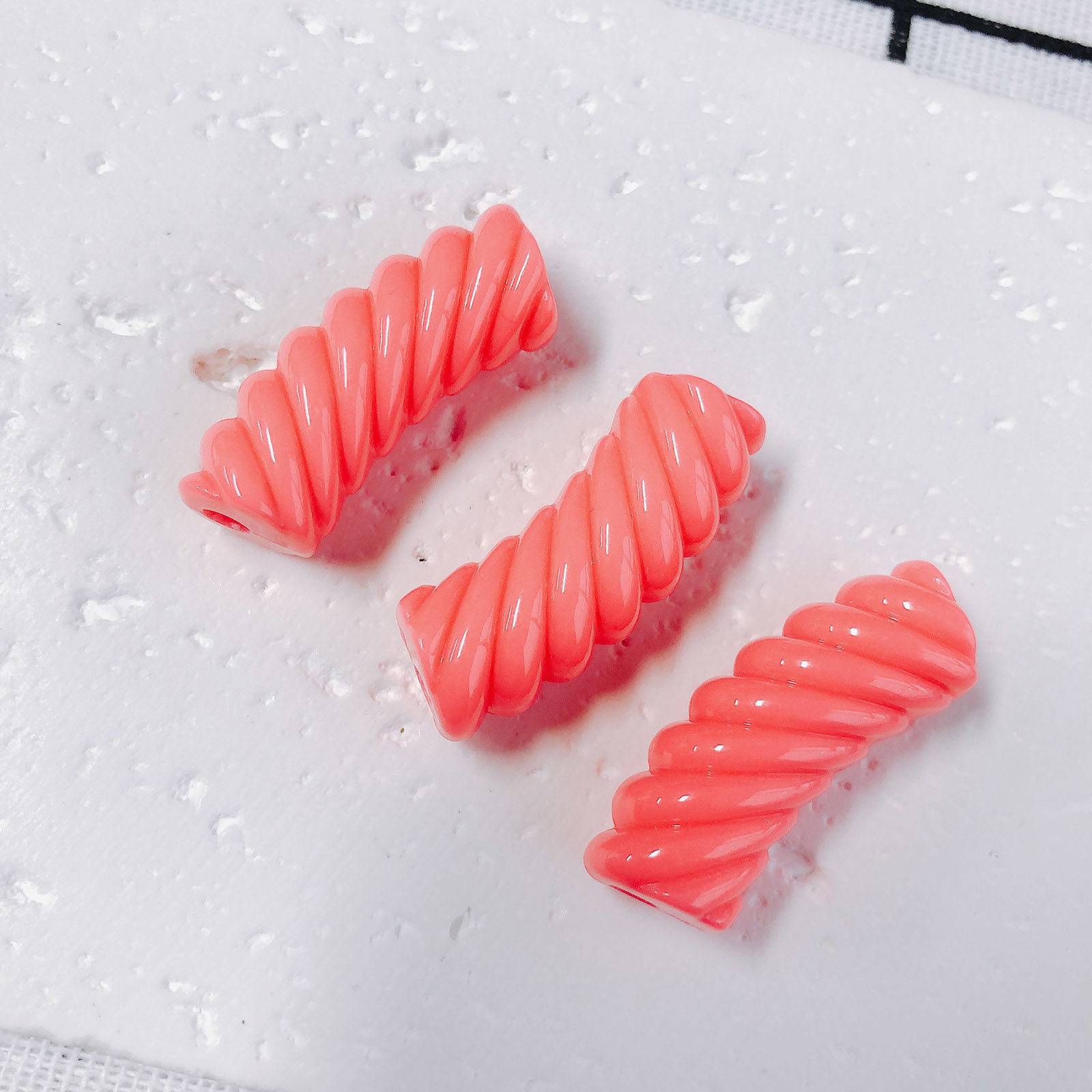 Picture of Acrylic Beads For DIY Charm Jewelry Making Orange Pink Opaque Arc Stripe About 3.4cm x 1.3cm, 10 PCs