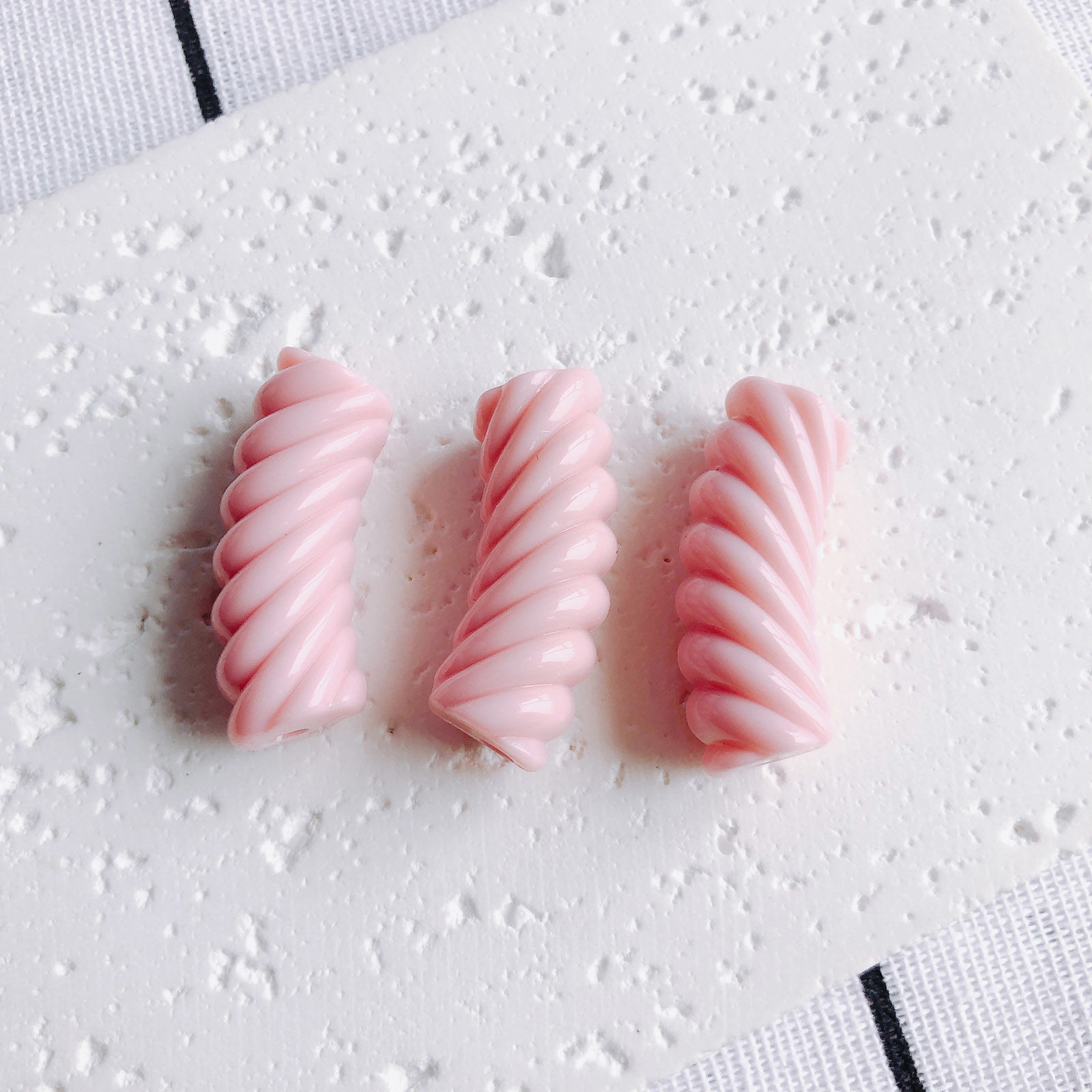 Picture of Acrylic Beads For DIY Charm Jewelry Making Light Pink Opaque Arc Stripe About 3.4cm x 1.3cm, 10 PCs