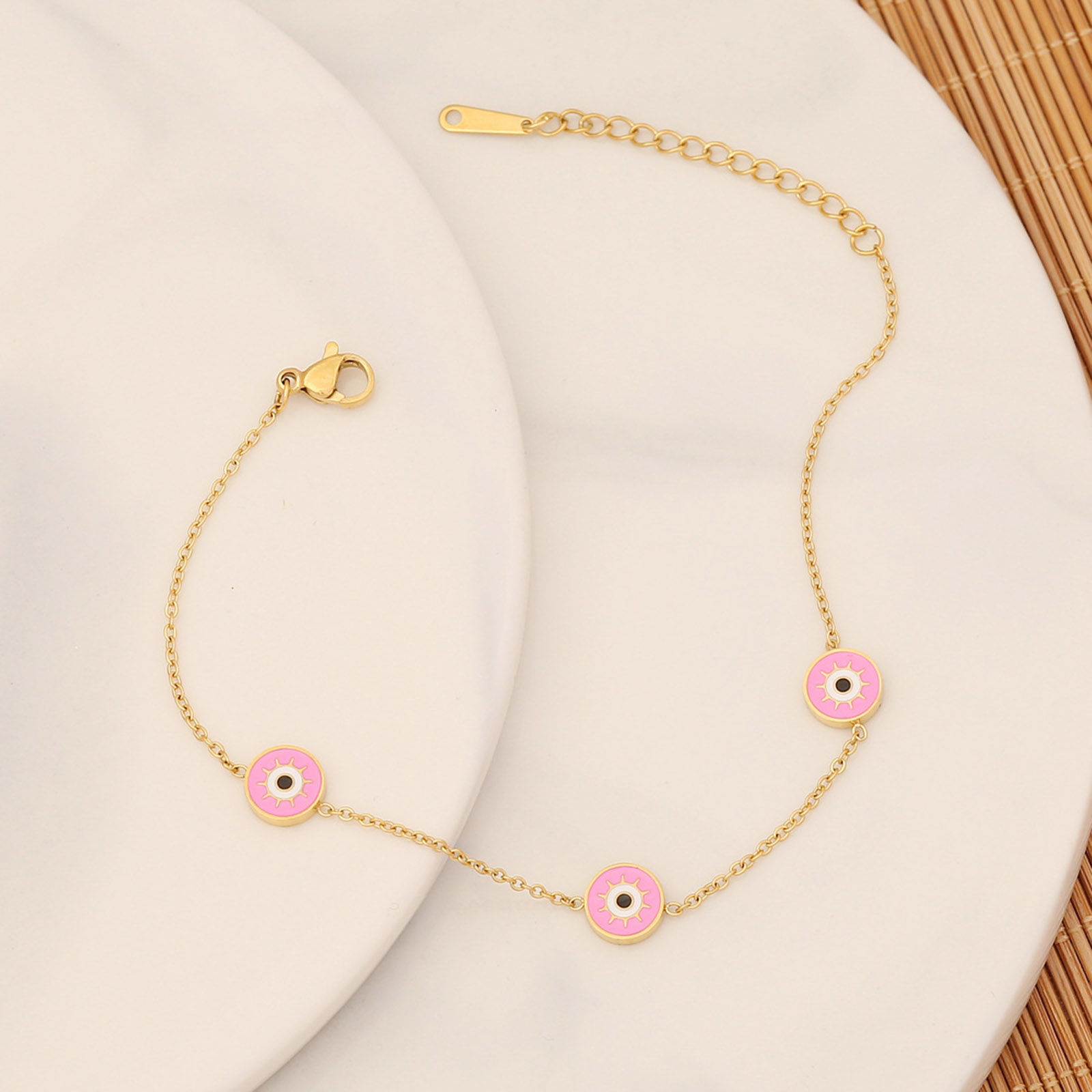 Picture of Eco-friendly 304 Stainless Steel Religious Curb Link Chain Bracelets Gold Plated Light Pink Evil Eye Enamel 18cm(7 1/8") long, 1 Piece