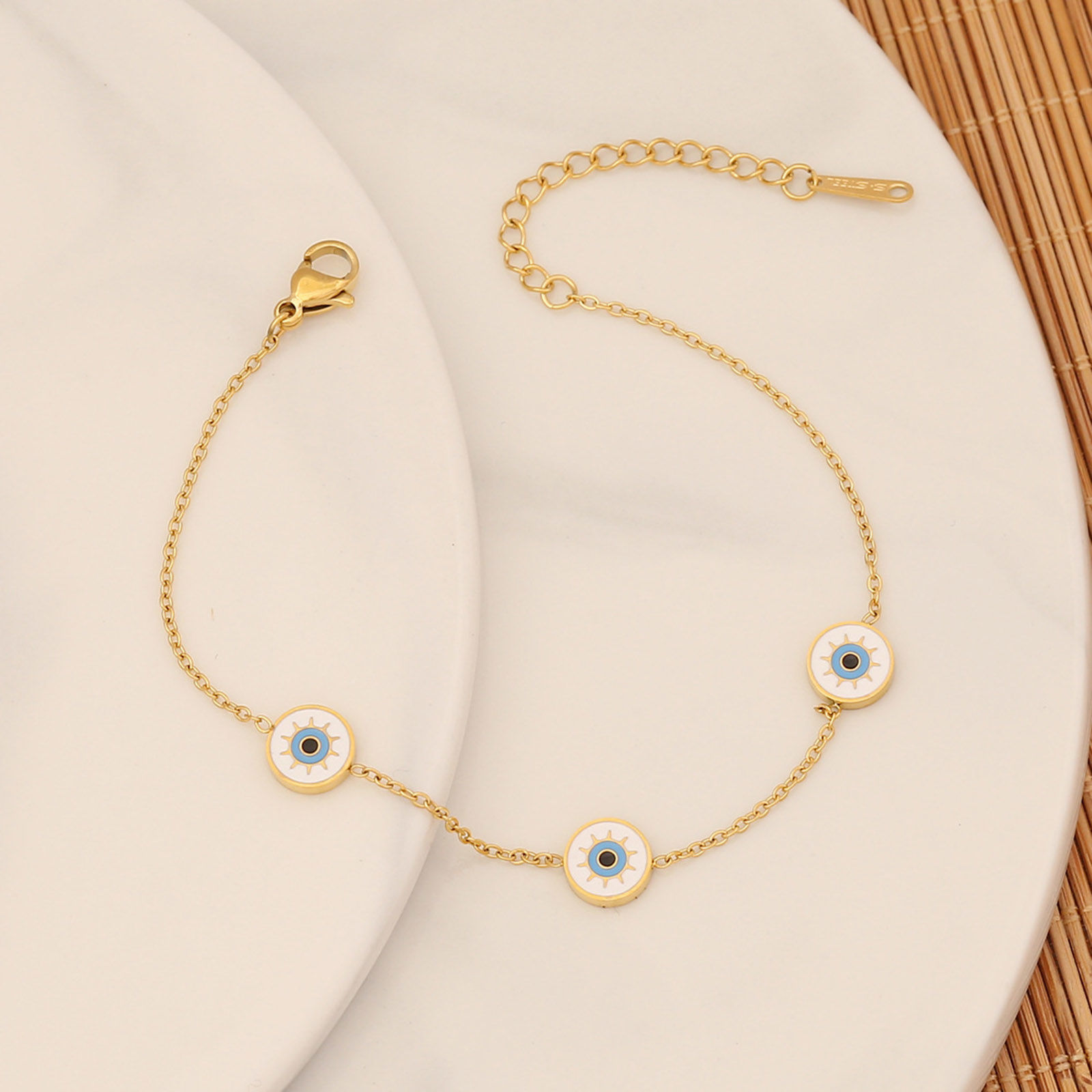 Picture of Eco-friendly 304 Stainless Steel Religious Curb Link Chain Bracelets Gold Plated White Evil Eye Enamel 18cm(7 1/8") long, 1 Piece