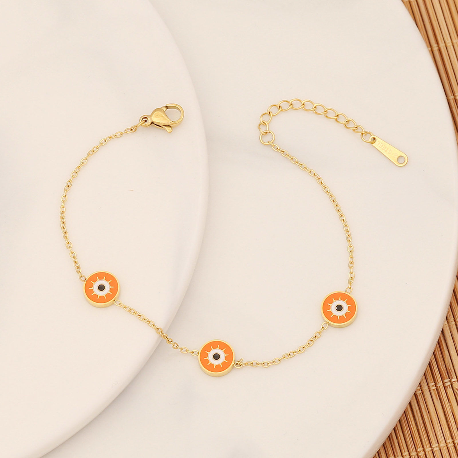 Picture of Eco-friendly 304 Stainless Steel Religious Curb Link Chain Bracelets Gold Plated Orange Evil Eye Enamel 18cm(7 1/8") long, 1 Piece