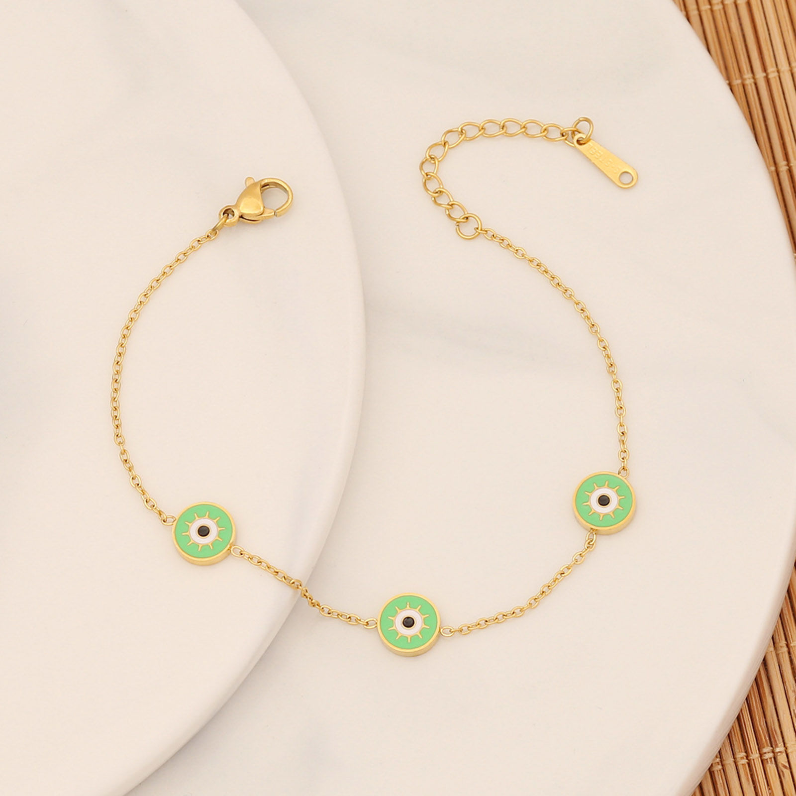 Picture of Eco-friendly 304 Stainless Steel Religious Curb Link Chain Bracelets Gold Plated Green Evil Eye Enamel 18cm(7 1/8") long, 1 Piece