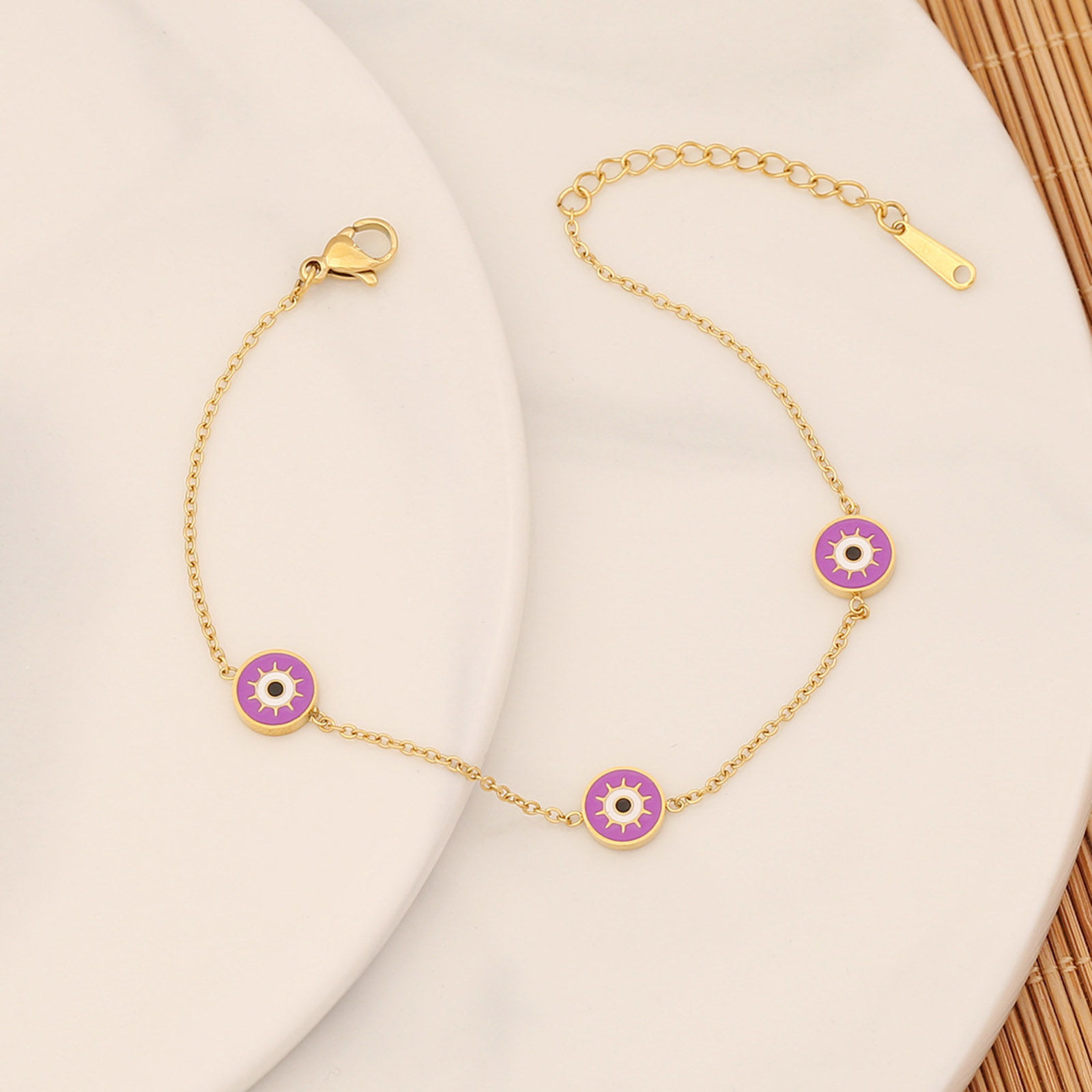 Picture of Eco-friendly 304 Stainless Steel Religious Curb Link Chain Bracelets Gold Plated Purple Evil Eye Enamel 18cm(7 1/8") long, 1 Piece