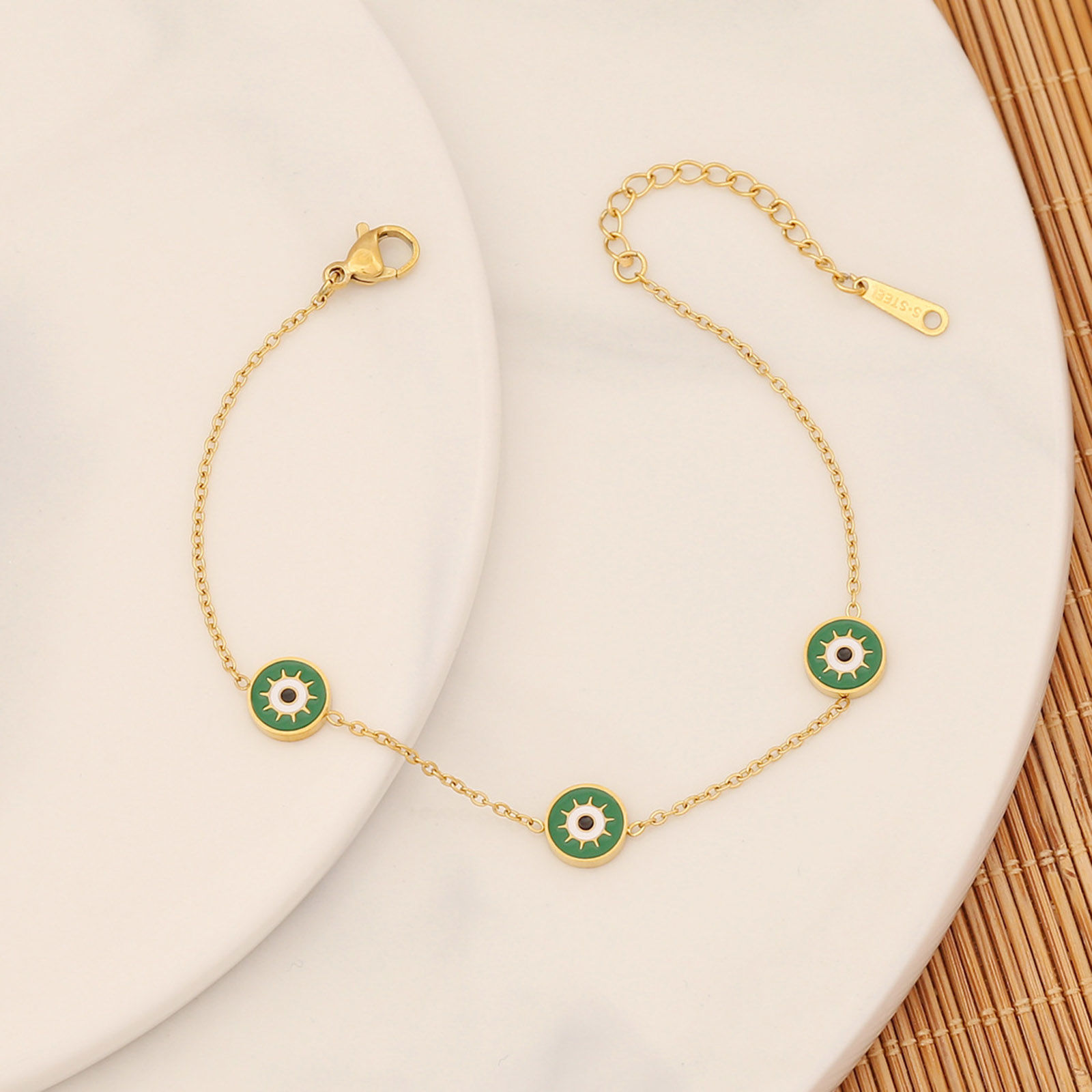 Picture of Eco-friendly 304 Stainless Steel Religious Curb Link Chain Bracelets Gold Plated Dark Green Evil Eye Enamel 18cm(7 1/8") long, 1 Piece