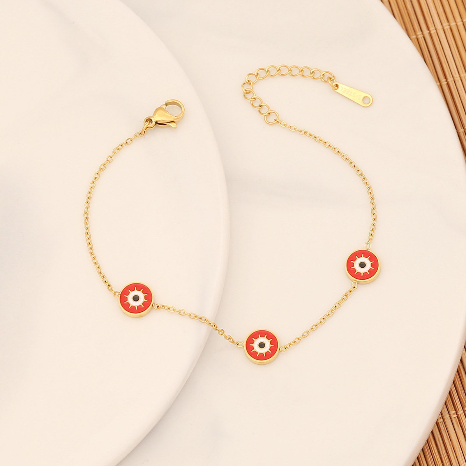 Picture of Eco-friendly 304 Stainless Steel Religious Curb Link Chain Bracelets Gold Plated Red Evil Eye Enamel 18cm(7 1/8") long, 1 Piece