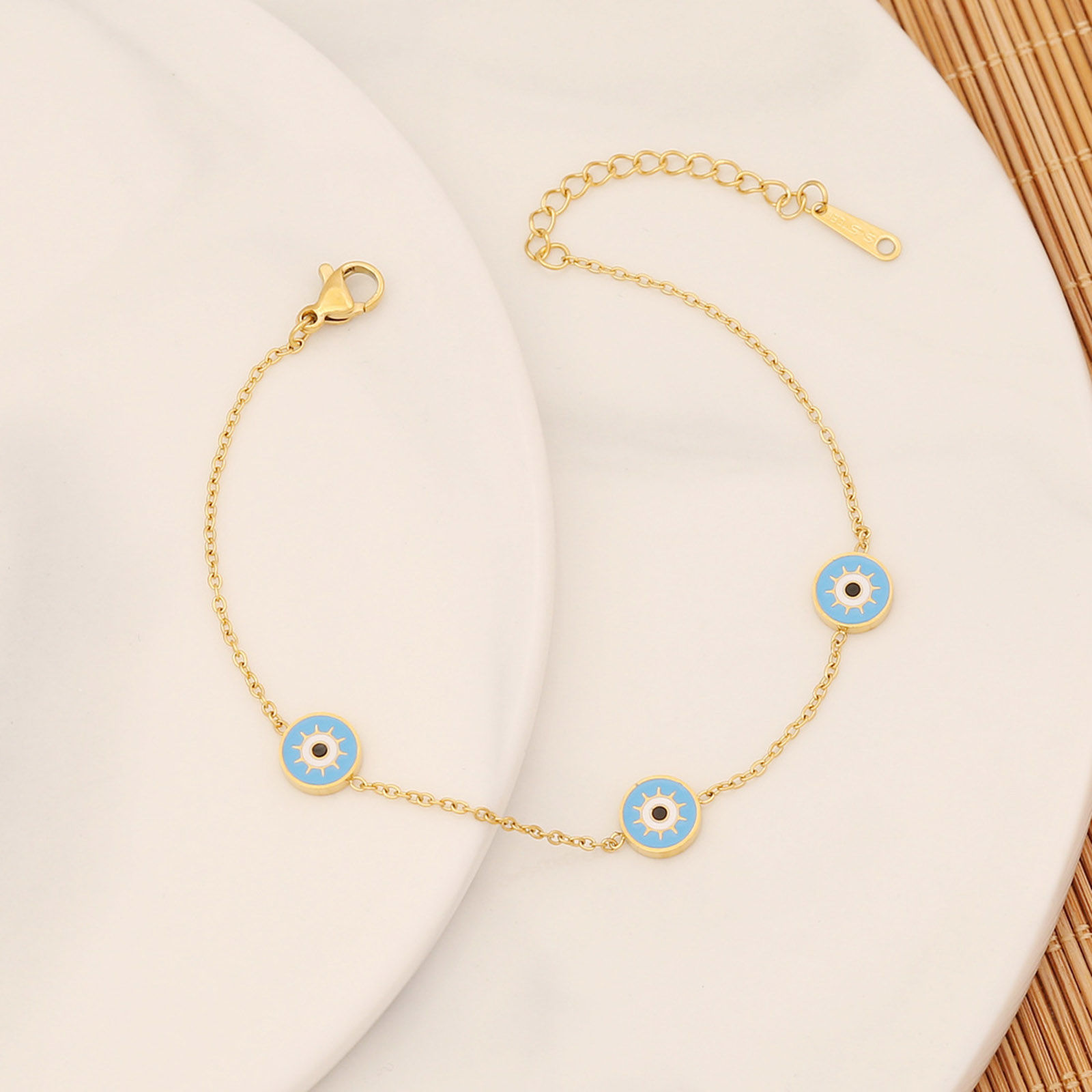 Picture of Eco-friendly 304 Stainless Steel Religious Curb Link Chain Bracelets Gold Plated Blue Evil Eye Enamel 18cm(7 1/8") long, 1 Piece