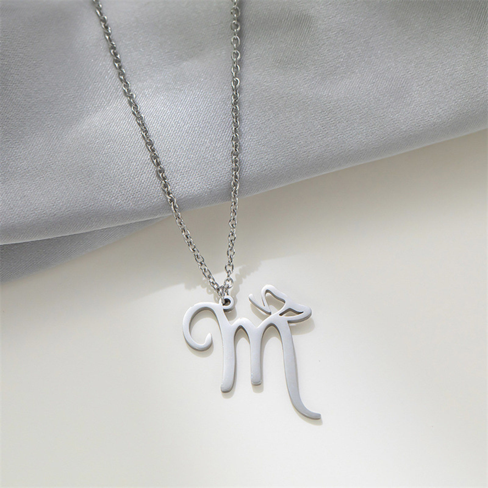 Picture of Eco-friendly 304 Stainless Steel Mother's Day Link Cable Chain Necklace Silver Tone Butterfly Animal Lowercase Letter Message " M " 42cm(16 4/8") long, 1 Piece