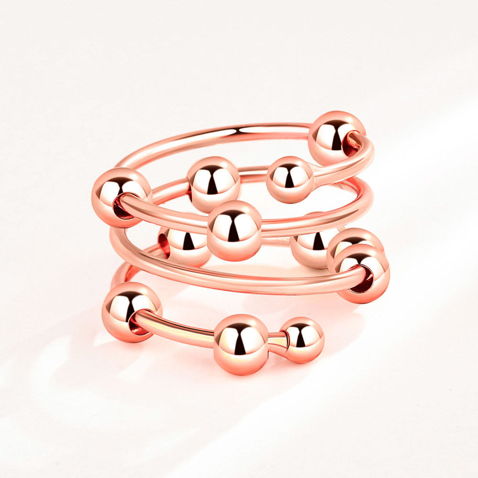 Picture of Copper Stress Relieving Anti Anxiety Fidget Spinner Open Adjustable Beaded Rings Rose Gold 16mm(US size 5.25), 1 Piece