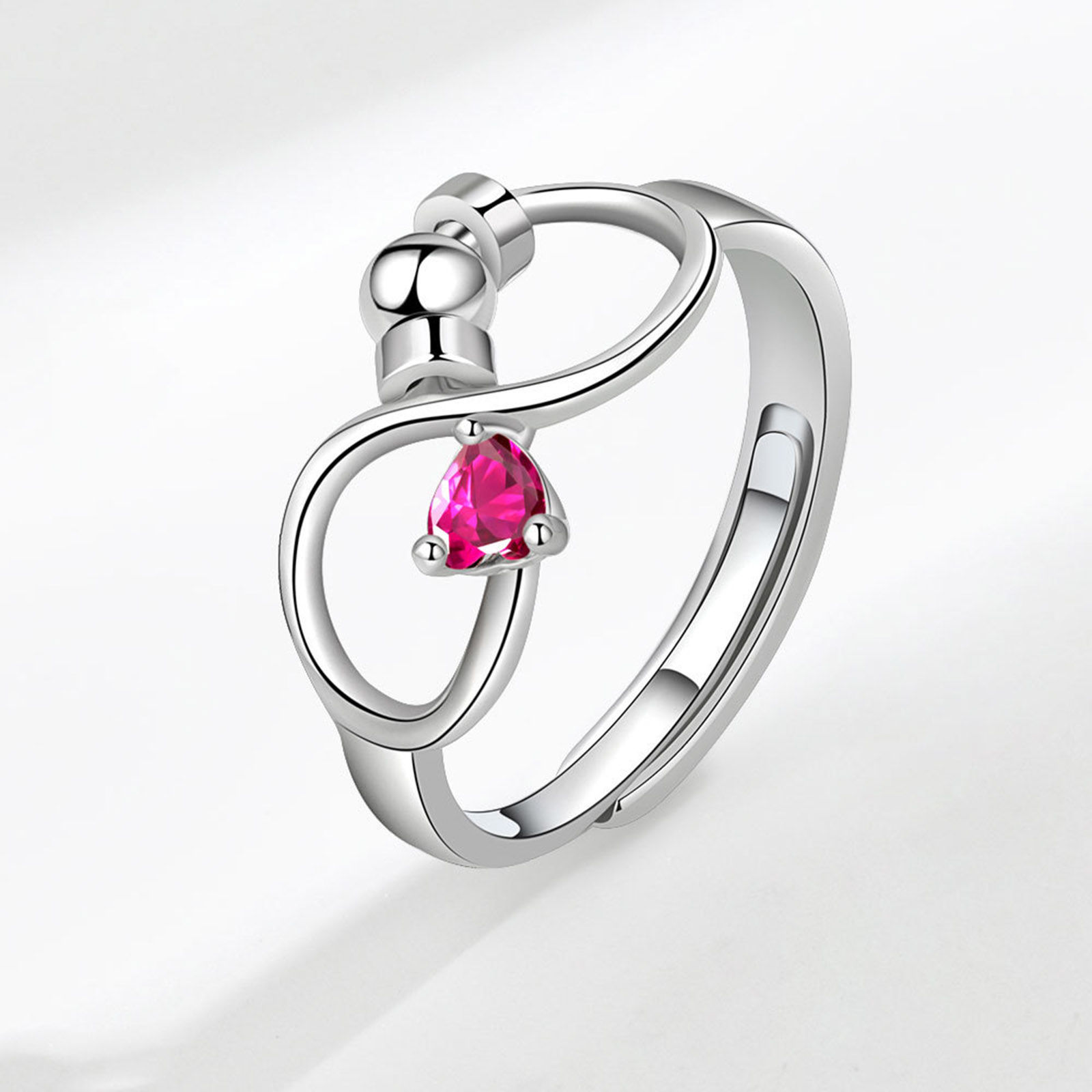 Picture of Copper Birthstone Open Adjustable Stress Relieving Anti Anxiety Fidget Spinner Band Rings Infinity Symbol July Platinum Plated Fuchsia Cubic Zirconia 18mm(US Size 7.75), 1 Piece