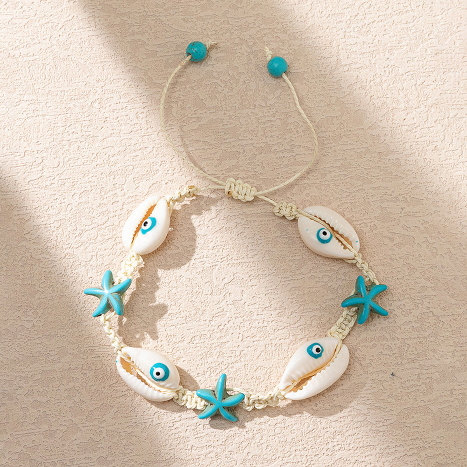Picture of Shell Ocean Jewelry Braided Bracelets White & Blue Star Fish 6cm - 8cm Dia., 1 Piece