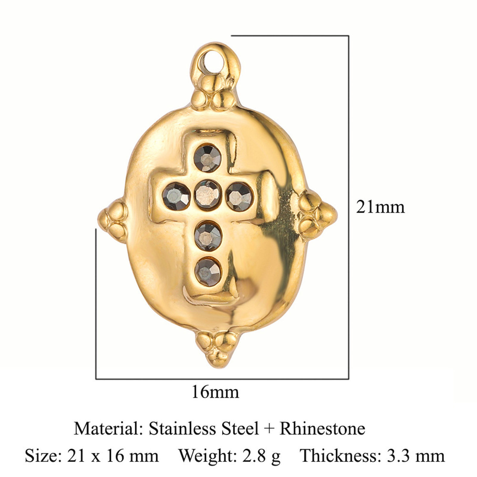 Picture of Eco-friendly Vacuum Plating 304 Stainless Steel Religious Charms 18K Gold Plated Oval Cross Gun Black Rhinestone 21mm x 16mm, 1 Piece