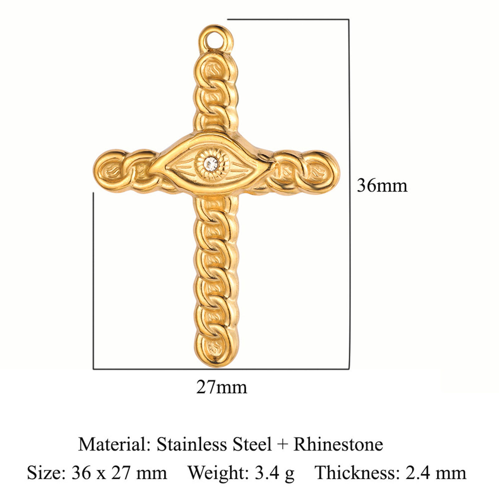 Picture of Eco-friendly Vacuum Plating 304 Stainless Steel Religious Pendants 18K Gold Plated Eye Cross Clear Rhinestone 36mm x 27mm, 1 Piece