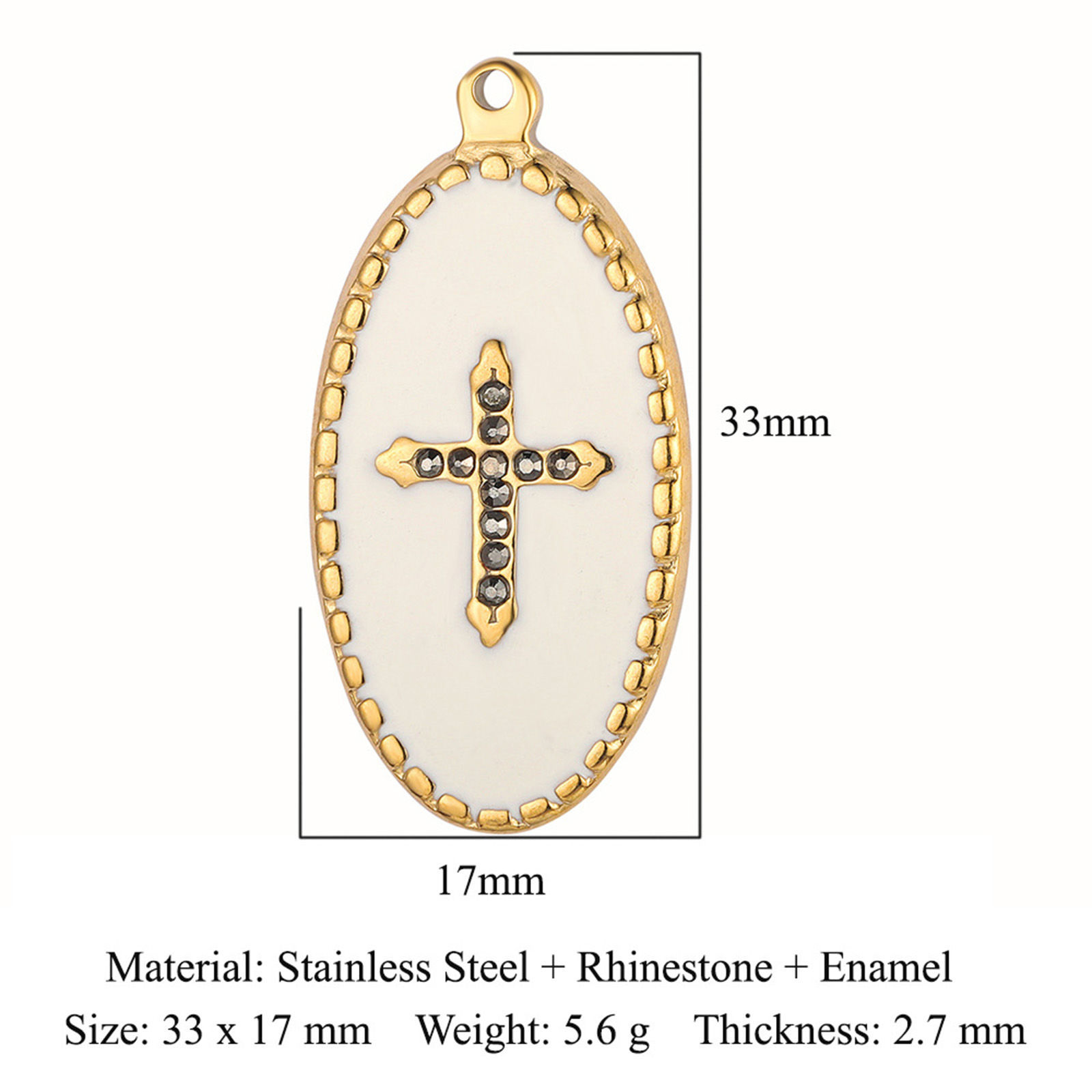 Picture of Eco-friendly Vacuum Plating 304 Stainless Steel Religious Pendants 18K Gold Plated White Oval Cross Enamel Gray Rhinestone 33mm x 17mm, 1 Piece