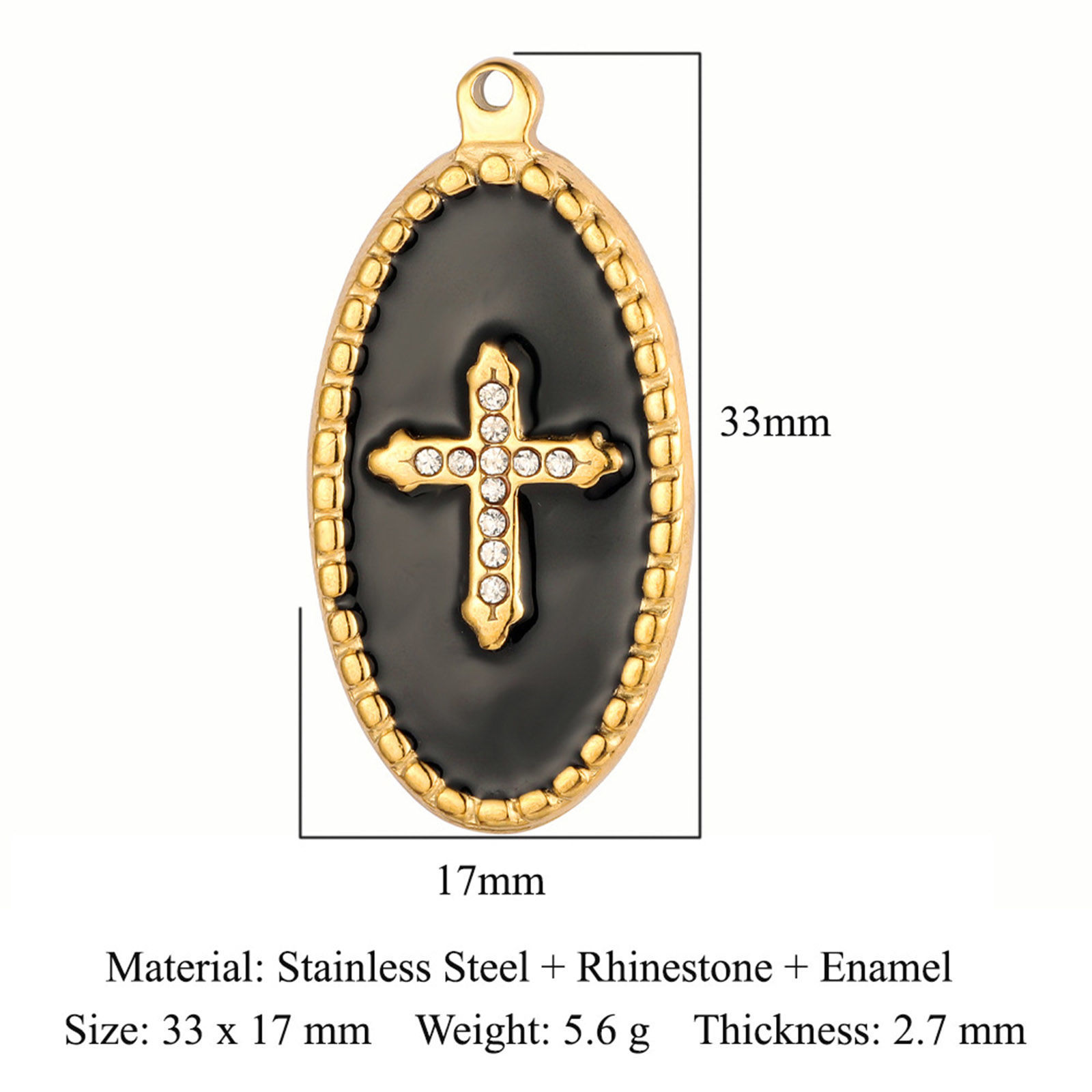 Picture of Eco-friendly Vacuum Plating 304 Stainless Steel Religious Pendants 18K Gold Plated Black Oval Cross Enamel Clear Rhinestone 33mm x 17mm, 1 Piece
