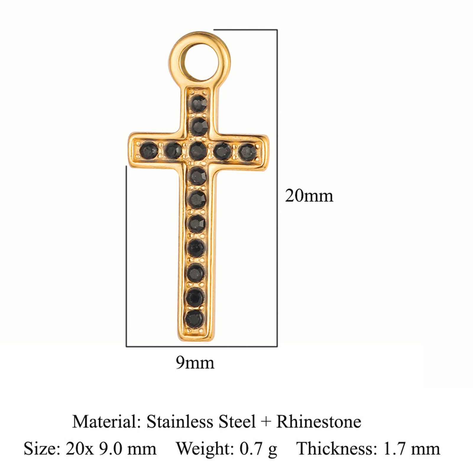 Picture of Eco-friendly Vacuum Plating 304 Stainless Steel Religious Charms 18K Gold Plated Cross Black Rhinestone 20mm x 9mm, 1 Piece