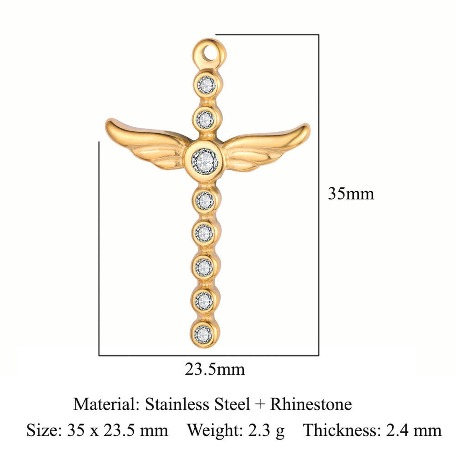 Picture of Eco-friendly Vacuum Plating 304 Stainless Steel Religious Pendants 18K Gold Plated Wing Cross Clear Rhinestone 35mm x 23.5mm, 1 Piece