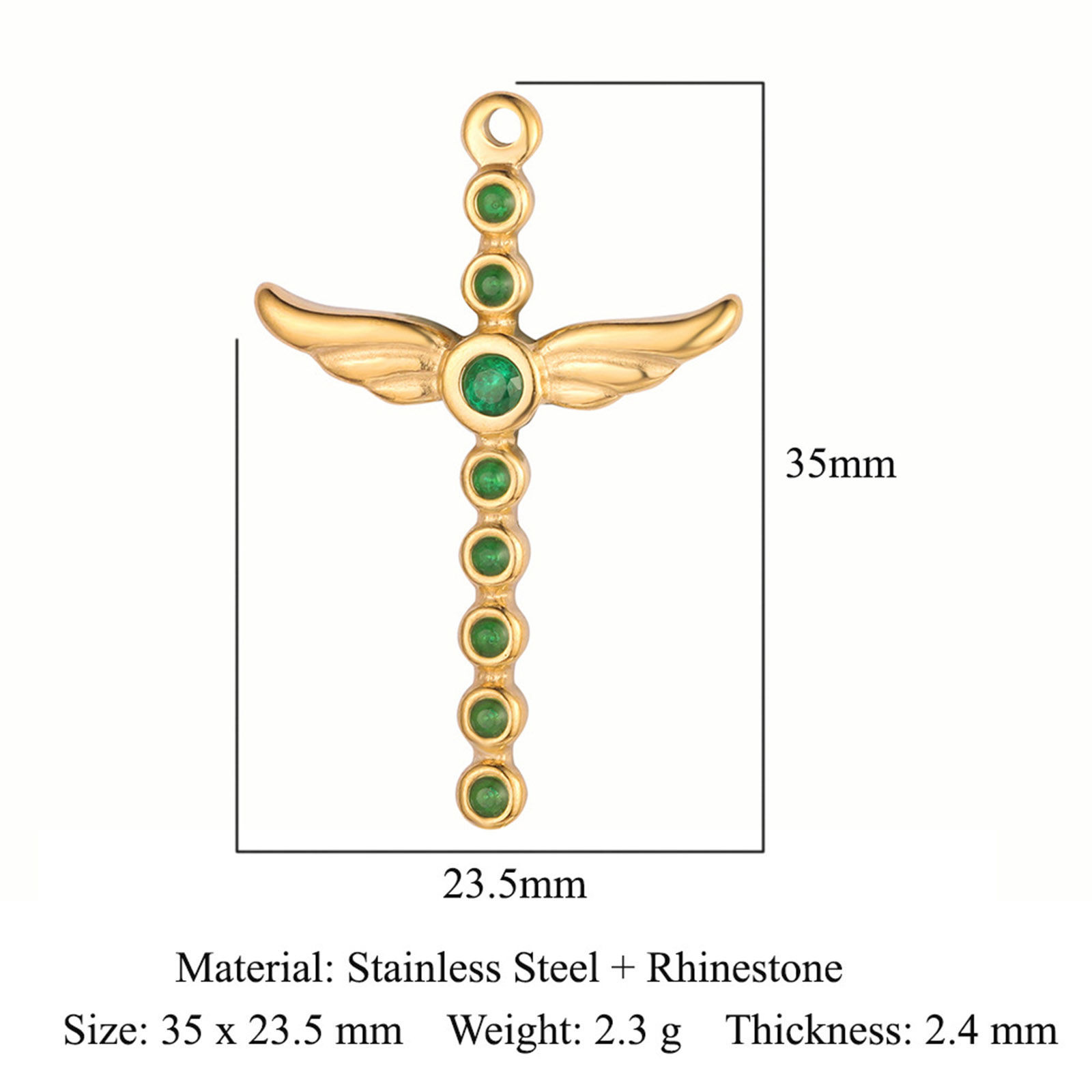 Picture of Eco-friendly Vacuum Plating 304 Stainless Steel Religious Pendants 18K Gold Plated Wing Cross Green Rhinestone 35mm x 23.5mm, 1 Piece