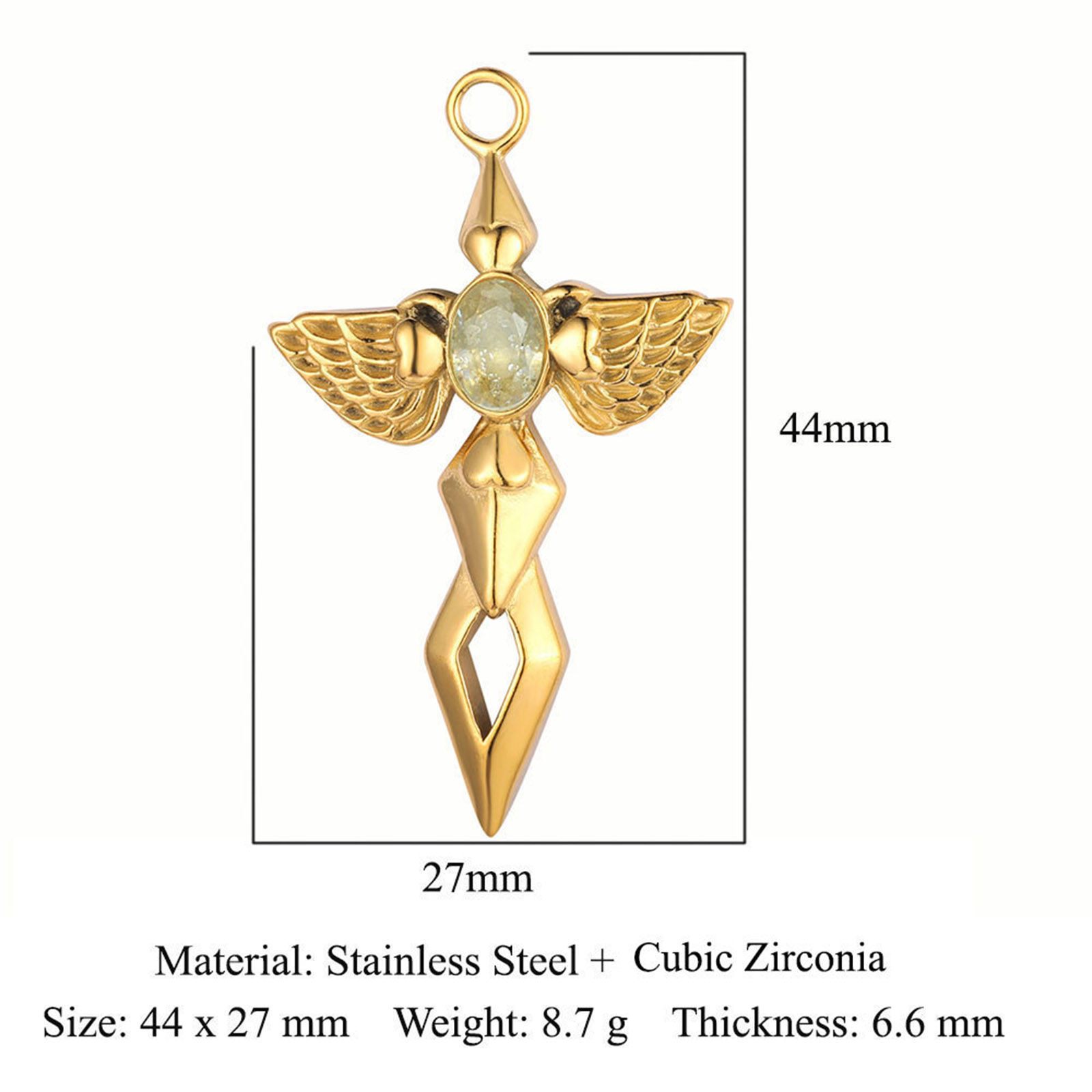 Picture of Eco-friendly Vacuum Plating 304 Stainless Steel Religious Pendants 18K Gold Plated Wing Cross Champagne Rhinestone 44mm x 27mm, 1 Piece