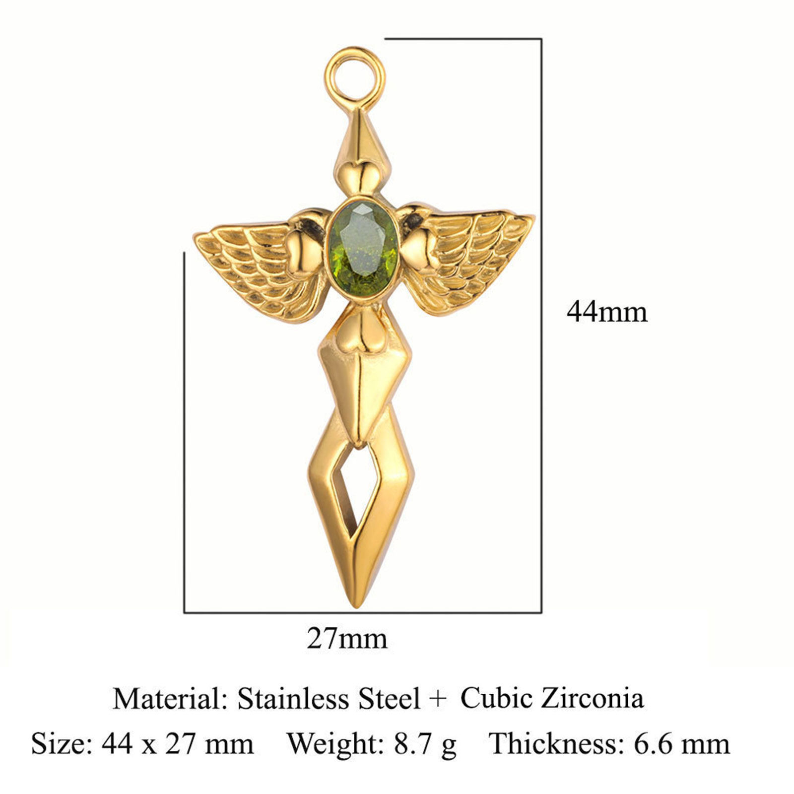 Picture of Eco-friendly Vacuum Plating 304 Stainless Steel Religious Pendants 18K Gold Plated Wing Cross Light Green Rhinestone 44mm x 27mm, 1 Piece