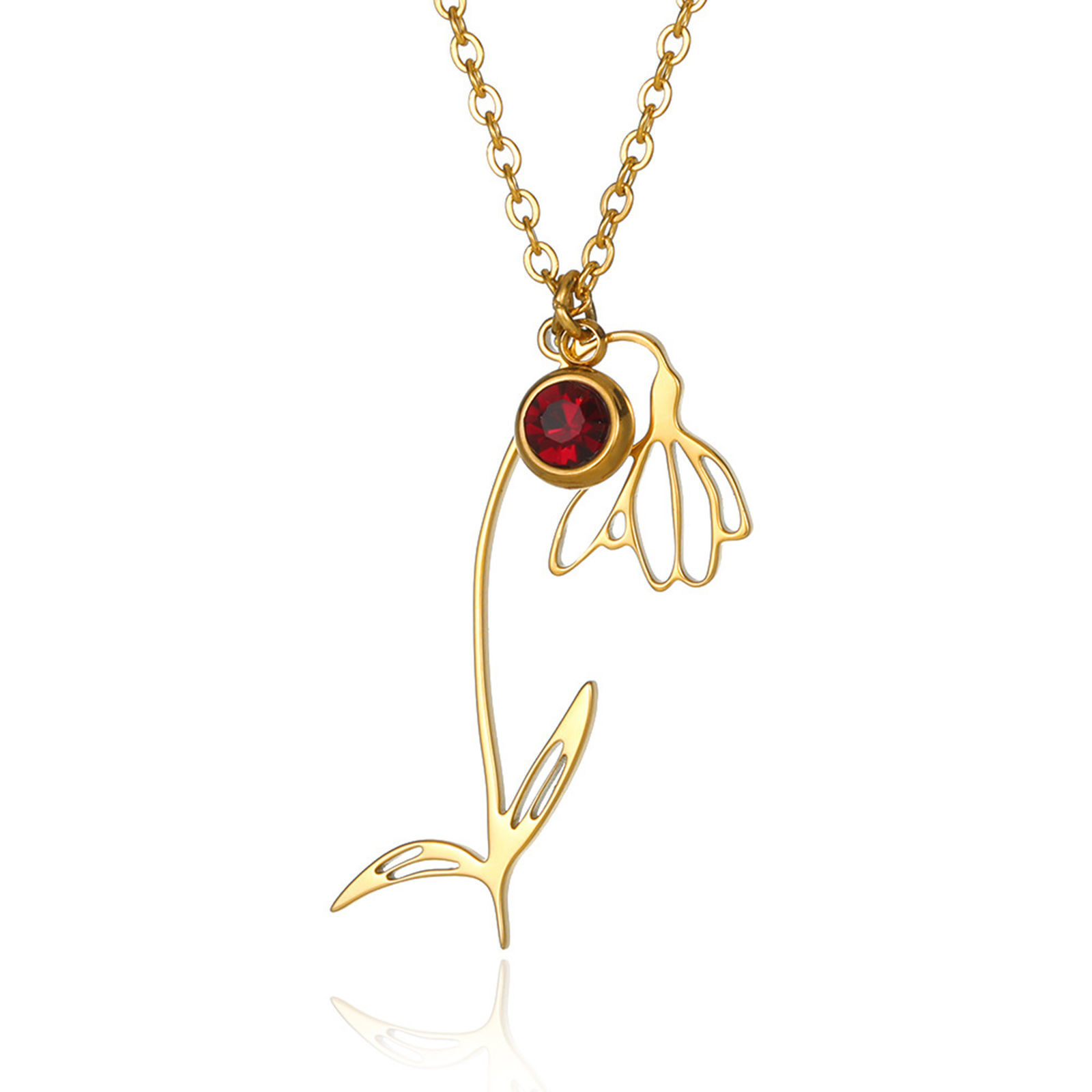 Picture of 304 Stainless Steel Birth Month Flower Rolo Chain Necklace 18K Gold Color January Hollow 38cm(15") long, 1 Piece