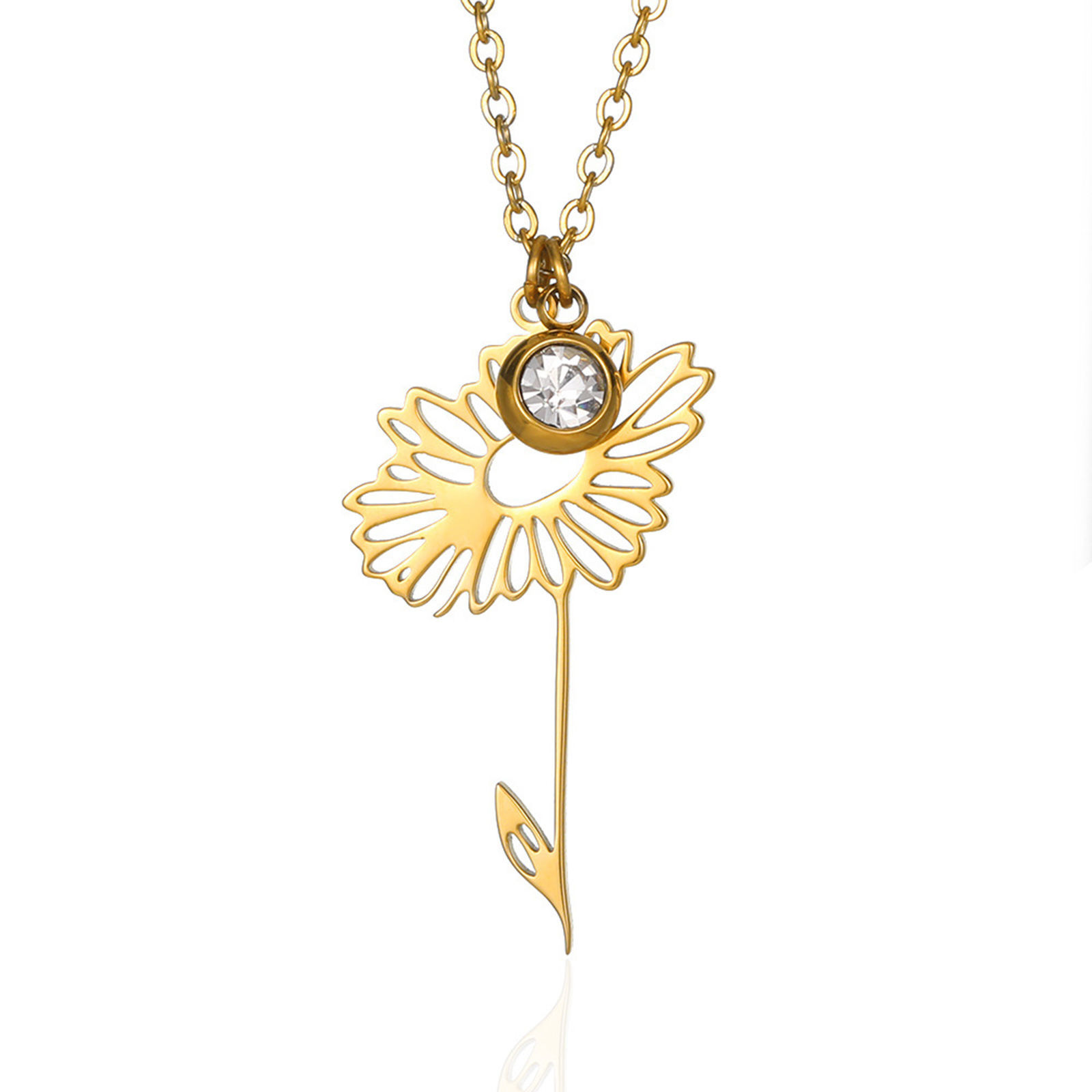 Picture of 304 Stainless Steel Birth Month Flower Rolo Chain Necklace 18K Gold Color April Hollow 38cm(15") long, 1 Piece