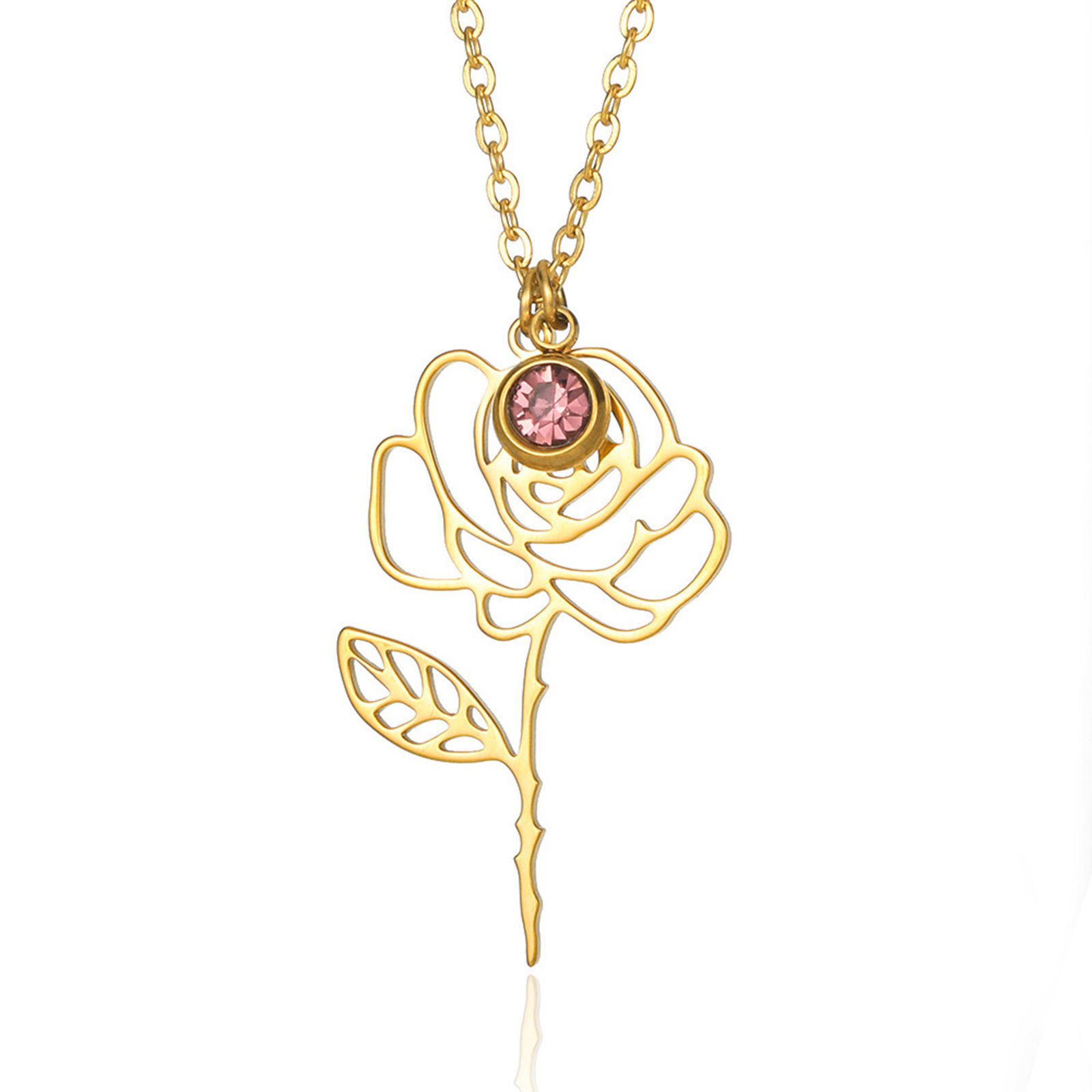 Picture of 304 Stainless Steel Birth Month Flower Rolo Chain Necklace 18K Gold Color June Hollow 38cm(15") long, 1 Piece