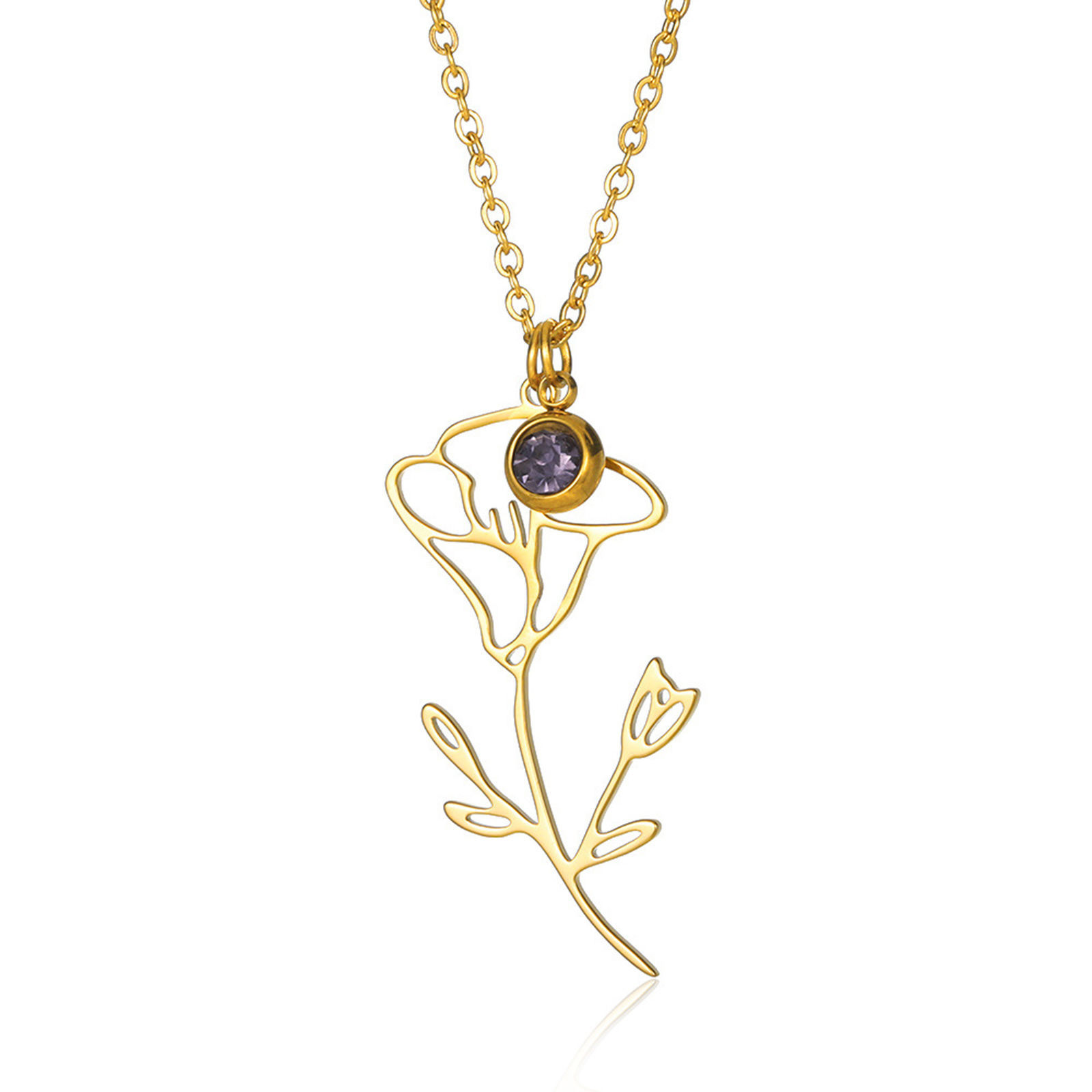 Picture of 304 Stainless Steel Birth Month Flower Rolo Chain Necklace 18K Gold Color September Hollow 38cm(15") long, 1 Piece