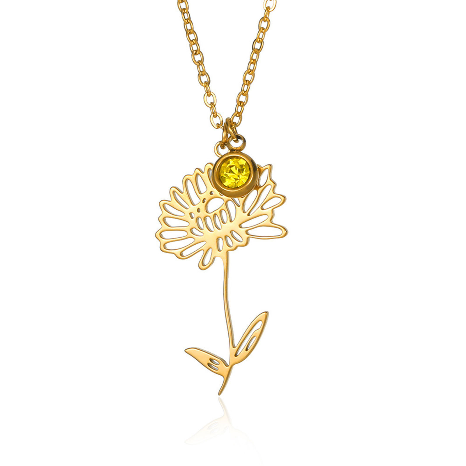 Picture of 304 Stainless Steel Birth Month Flower Rolo Chain Necklace 18K Gold Color November Hollow 38cm(15") long, 1 Piece