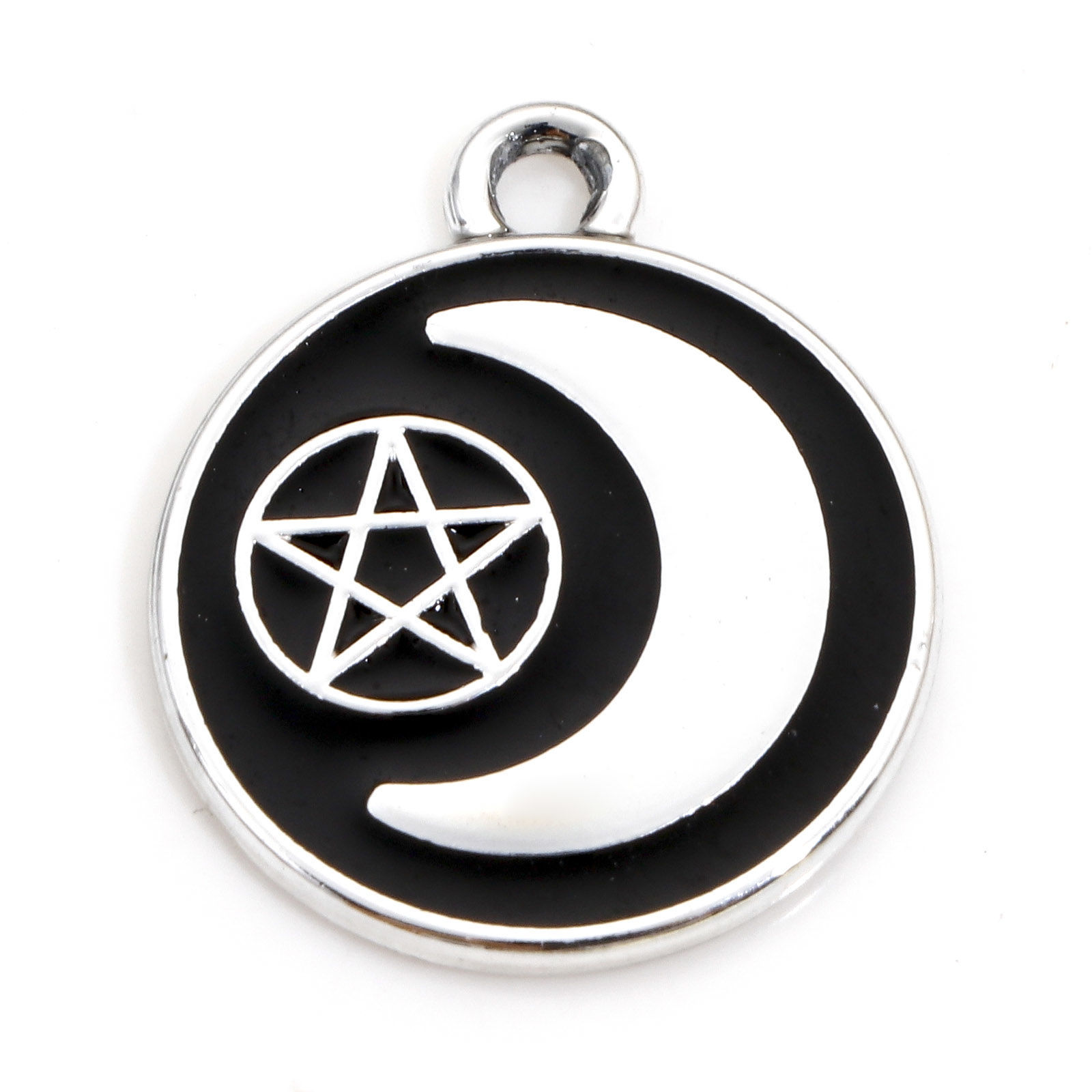 Picture of Zinc Based Alloy Halloween Charms Silver Tone Black Round Pentagram Star Enamel 20mm x 17mm, 10 PCs