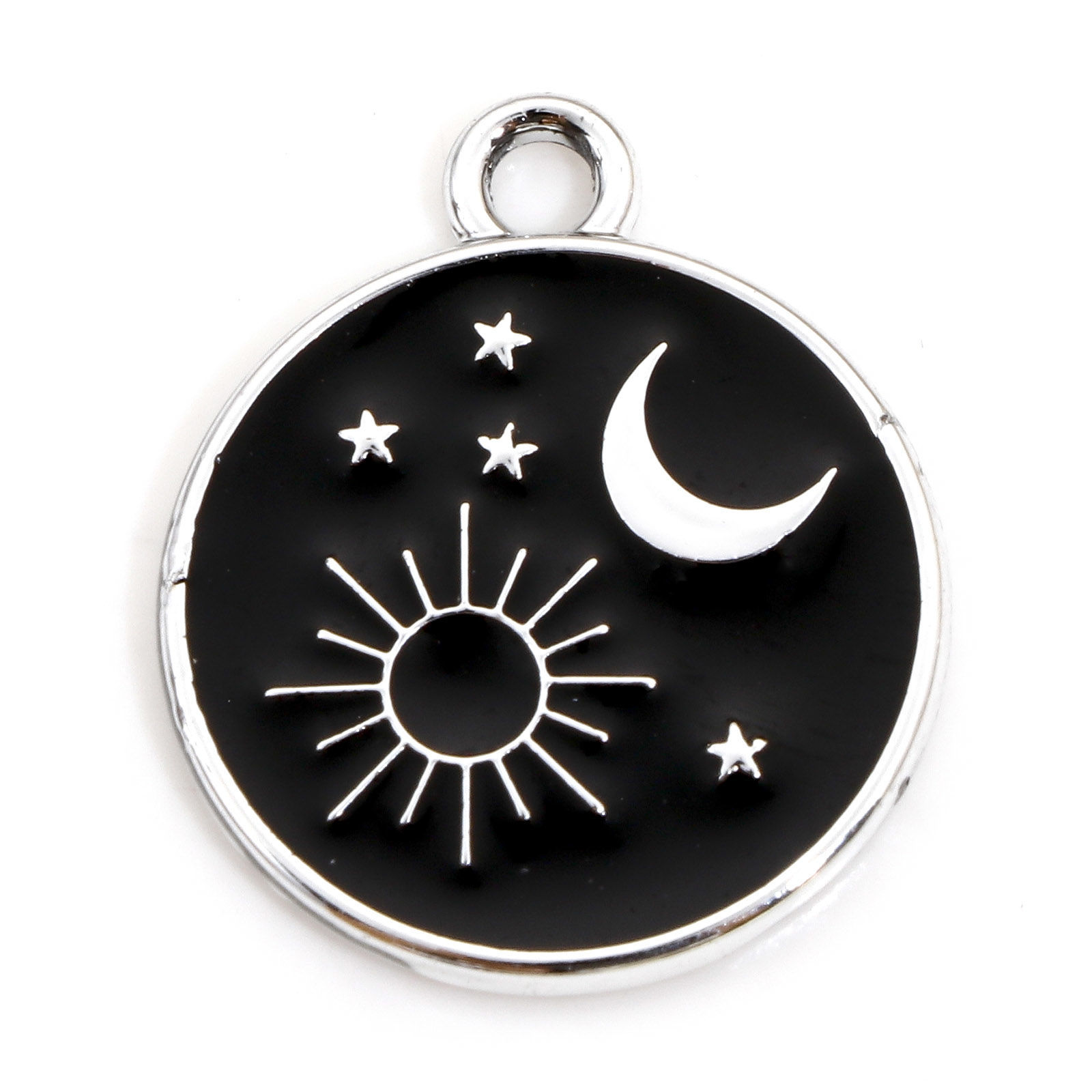 Picture of Zinc Based Alloy Halloween Charms Silver Tone Black Round Sun & Moon Enamel 20mm x 17mm, 10 PCs