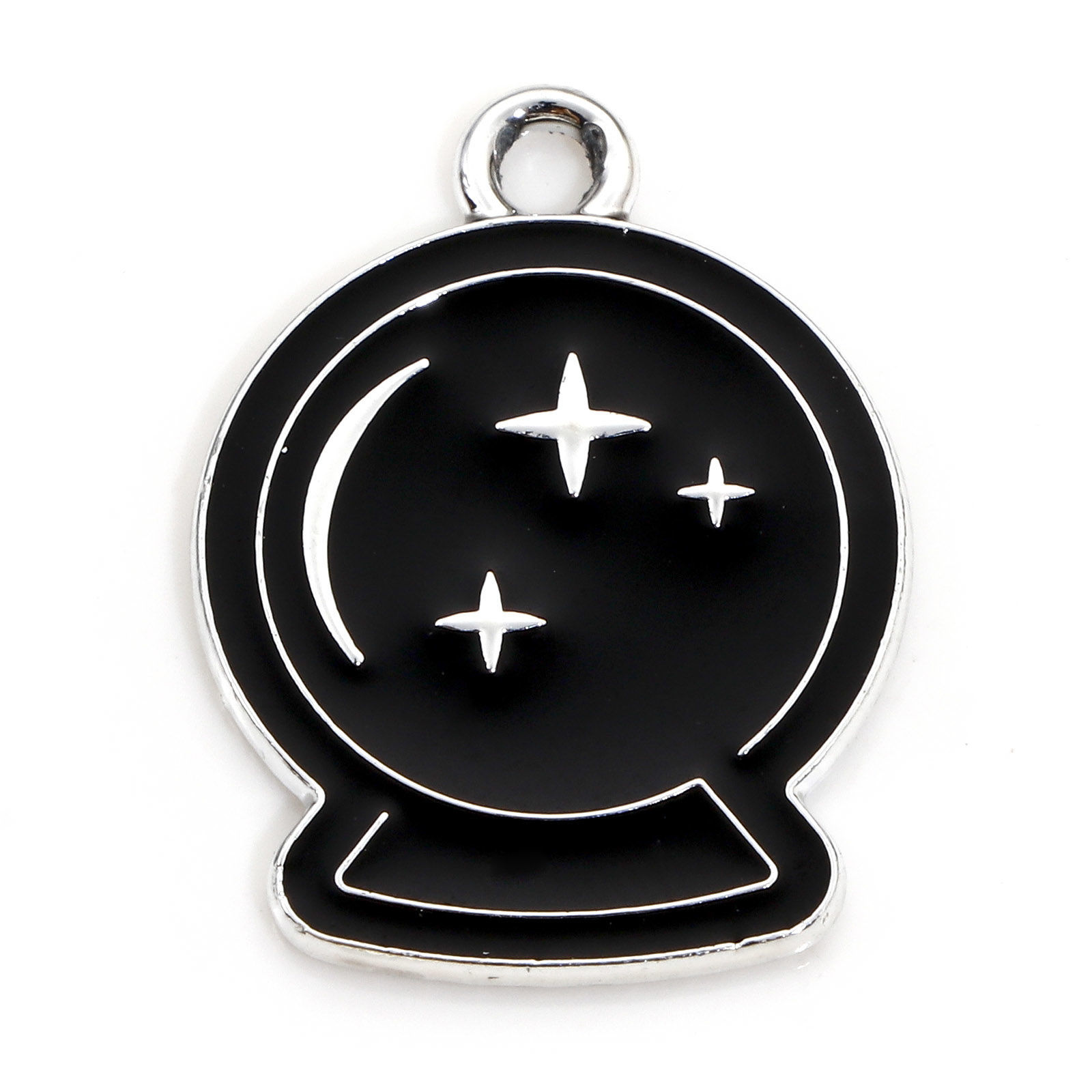 Picture of Zinc Based Alloy Halloween Charms Silver Tone Black Round Sun & Moon Enamel 22mm x 17mm, 10 PCs