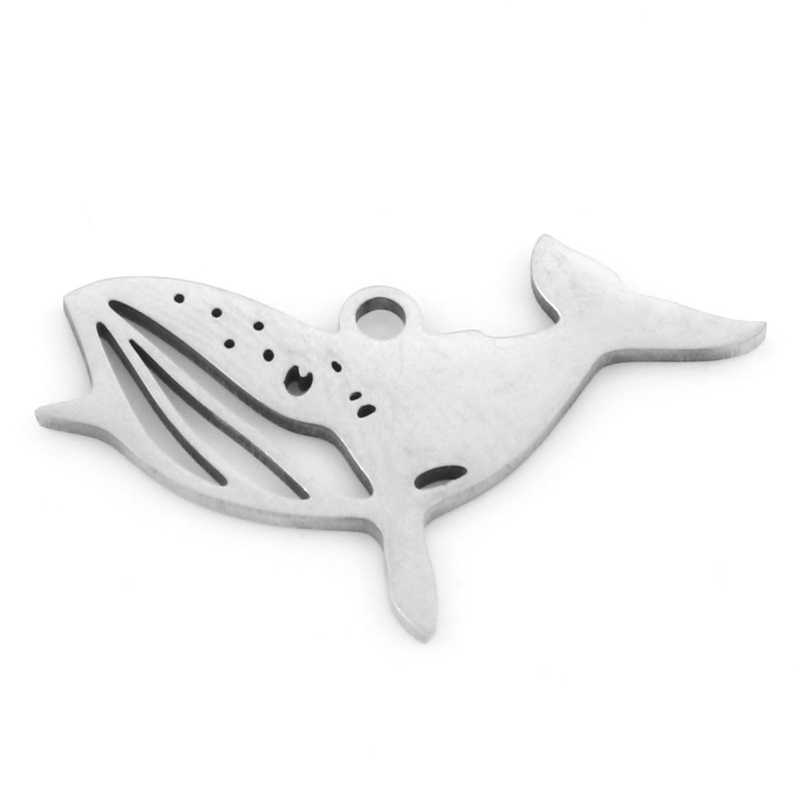 Picture of 201 Stainless Steel Ocean Jewelry Charms Silver Tone Whale Animal Hollow 24mm x 14.5mm, 3 PCs