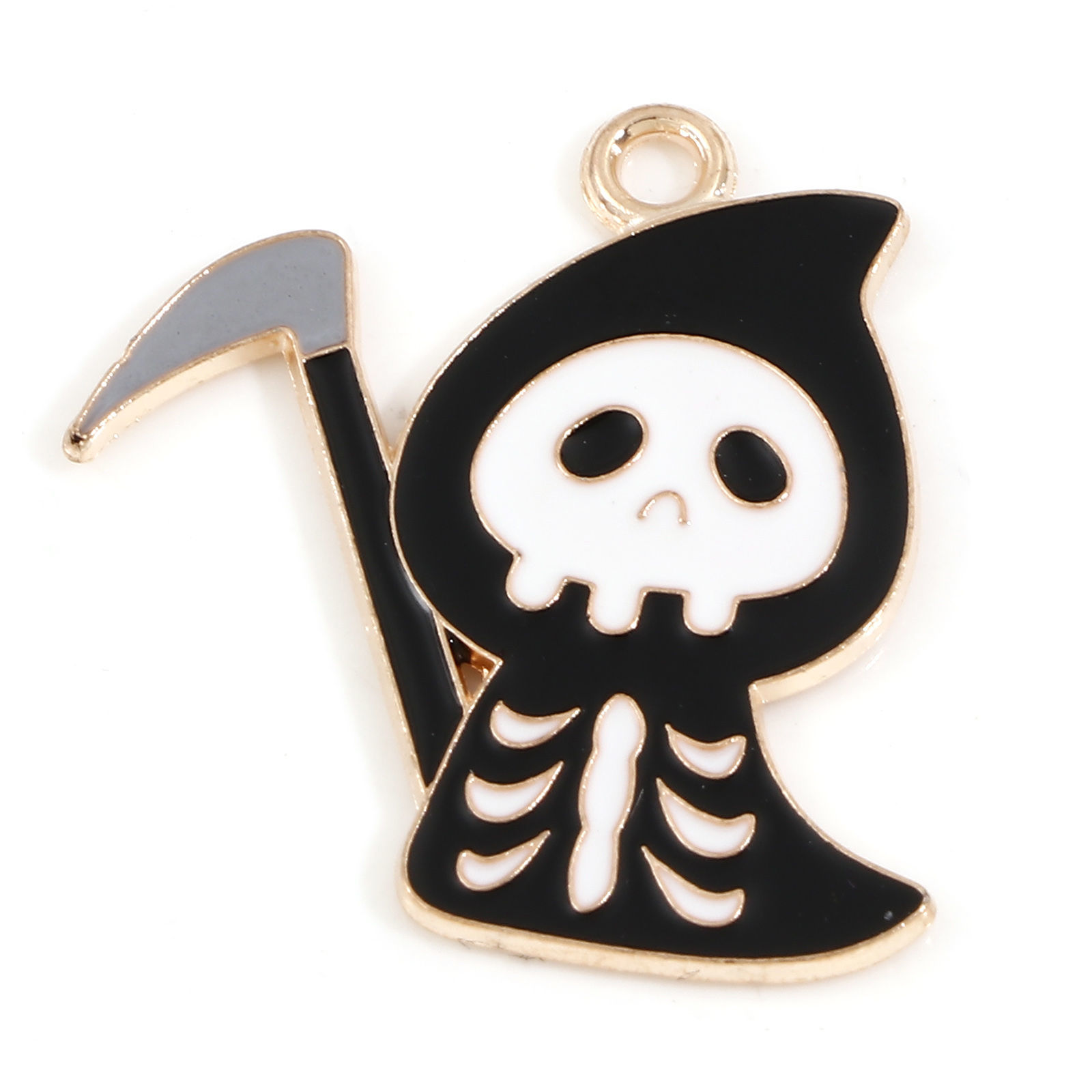 Picture of Zinc Based Alloy Halloween Charms Gold Plated Black Skeleton Skull Enamel 25mm x 25mm, 10 PCs
