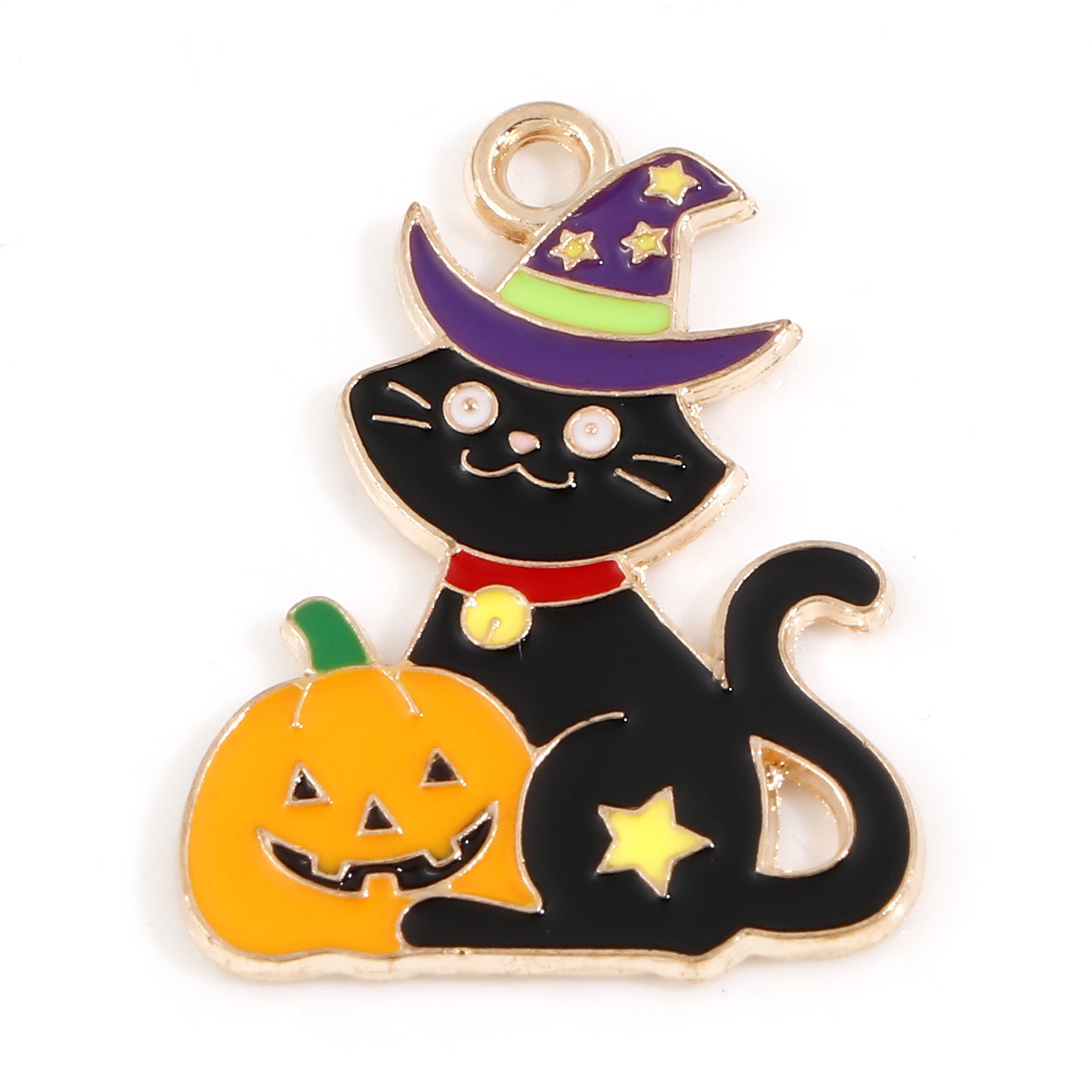 Picture of Zinc Based Alloy Halloween Charms Gold Plated Multicolor Cat Animal Halloween Pumpkin Enamel 25mm x 19mm, 10 PCs