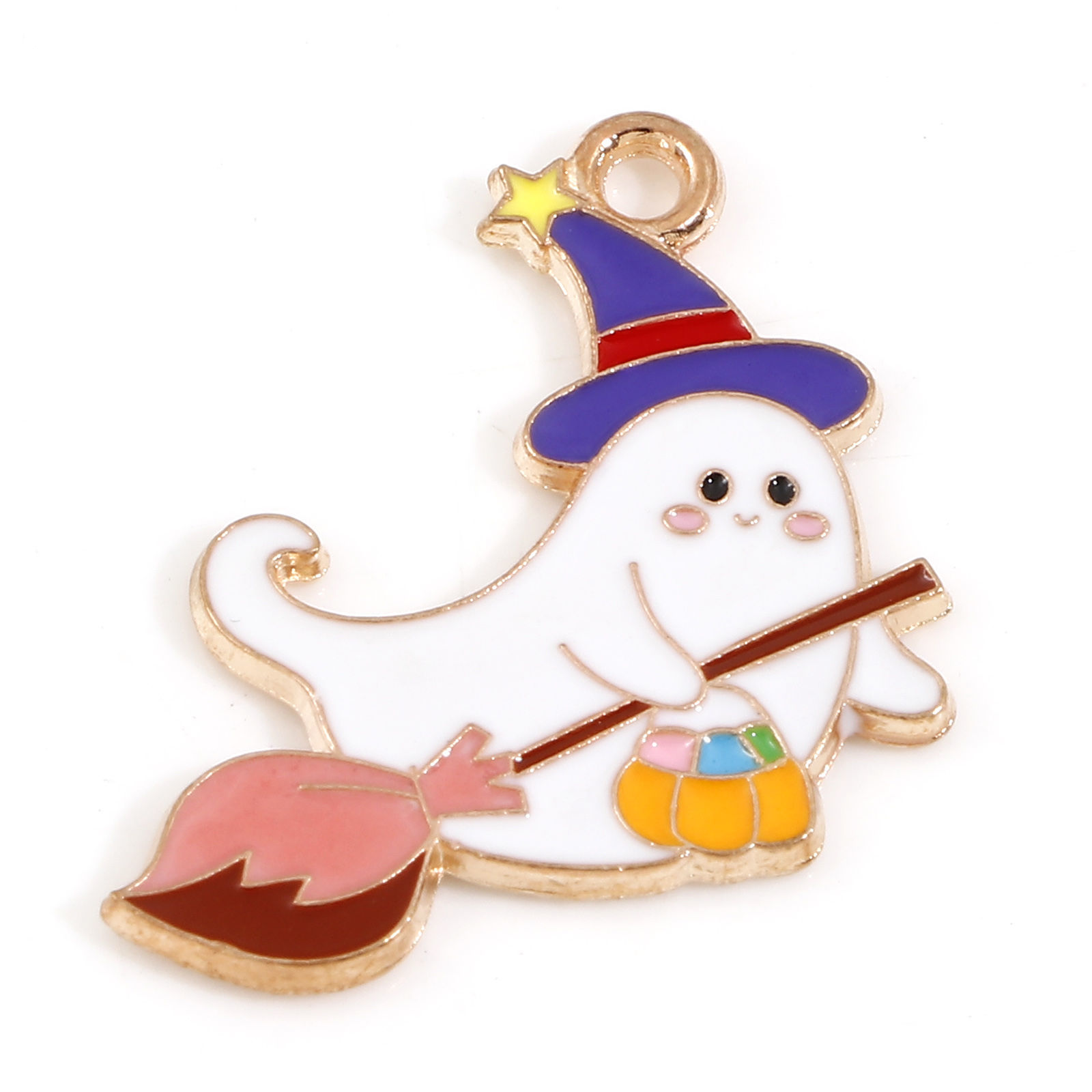 Picture of Zinc Based Alloy Halloween Charms Gold Plated Multicolor Halloween Ghost Broom Enamel 26mm x 19mm, 10 PCs