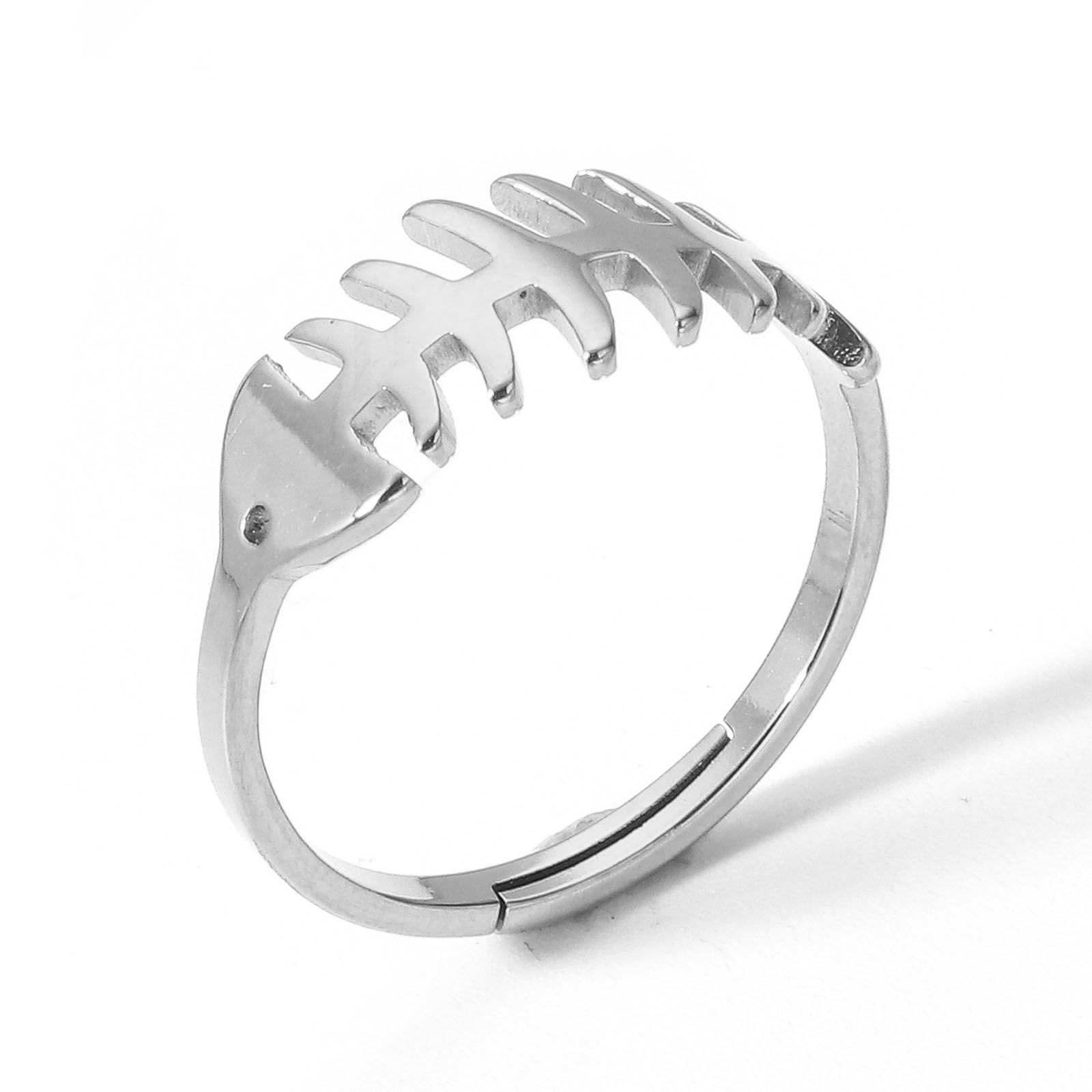 Picture of 304 Stainless Steel Open Rings Silver Tone Fish Bone 16.9mm(US Size 6.5), 2 PCs